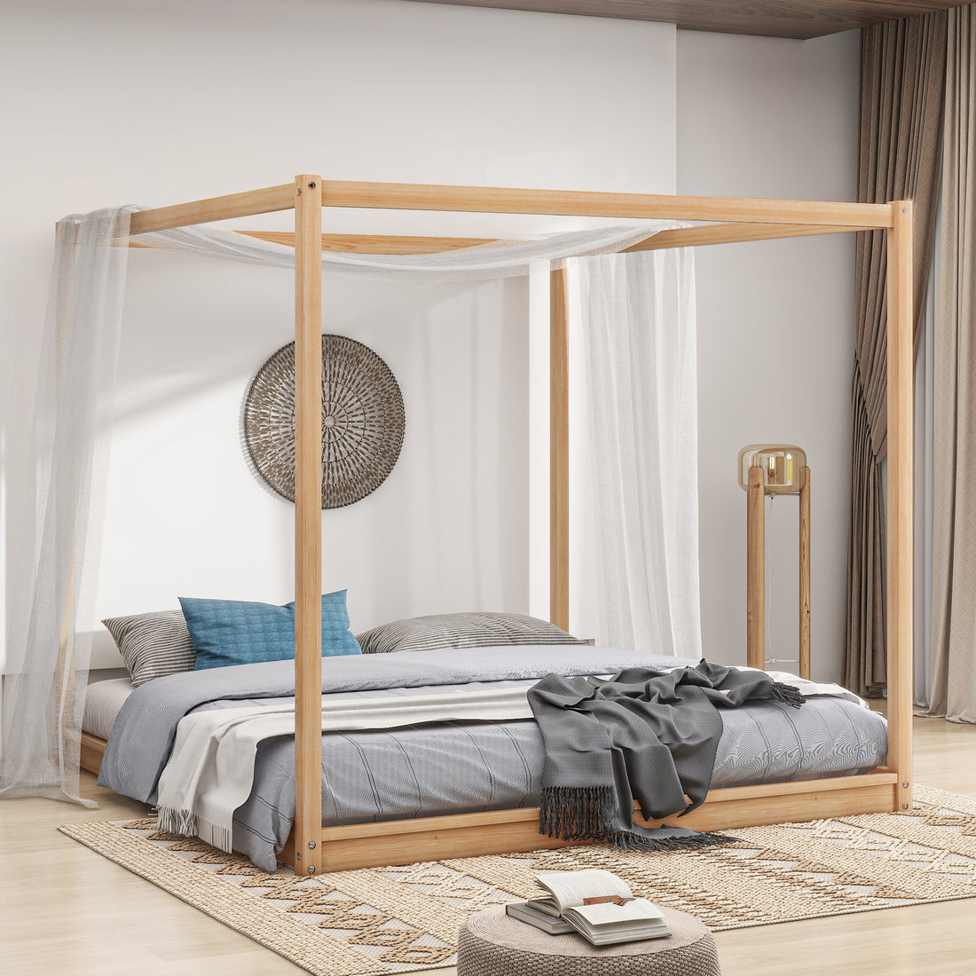 King Size Canopy Platform Bed With Support Legs, Natural Box Spring Not Required King Natural Wood Bedroom Canopy Pine
