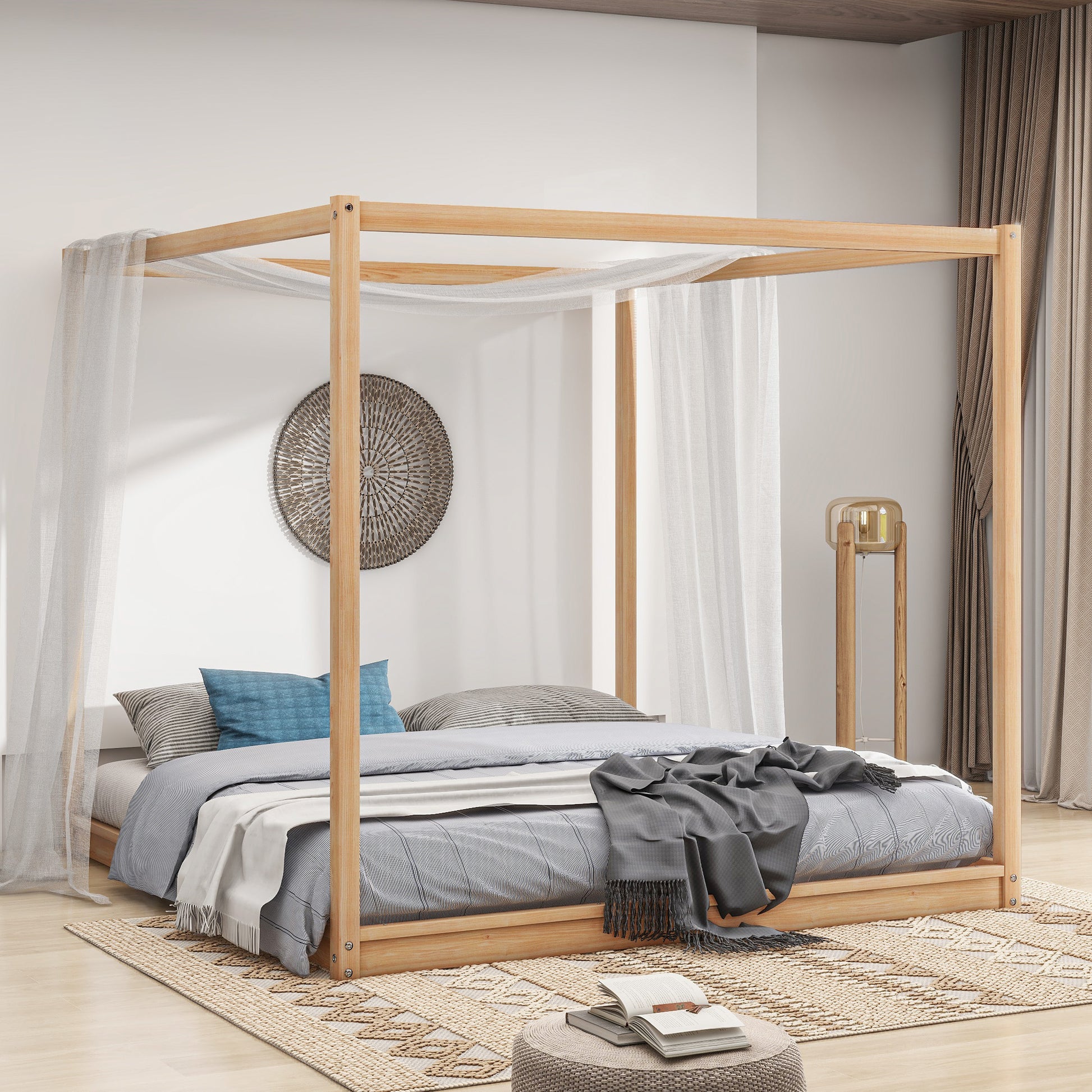 King Size Canopy Platform Bed With Support Legs, Natural Box Spring Not Required King Natural Wood Bedroom Canopy Pine