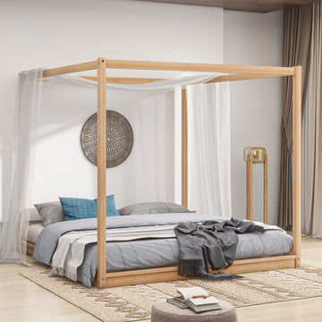 King Size Canopy Platform Bed With Support Legs, Natural Box Spring Not Required King Natural Wood Bedroom Canopy Pine