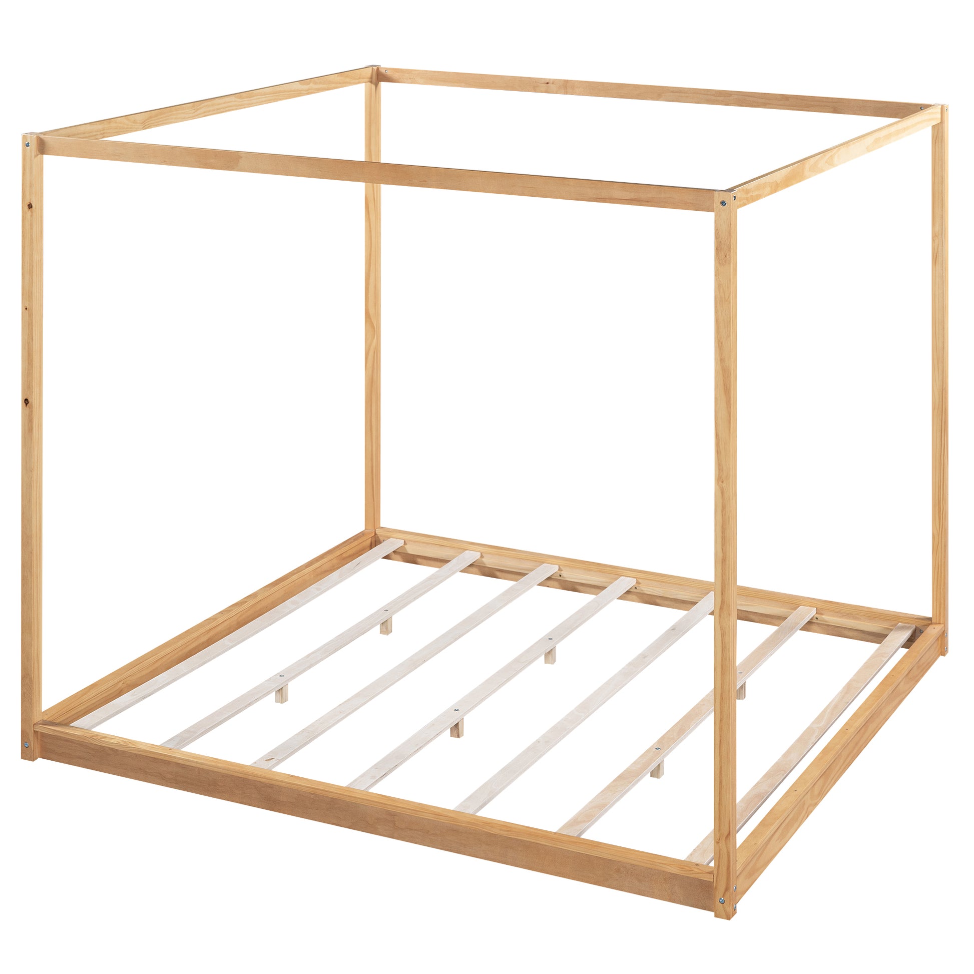 King Size Canopy Platform Bed With Support Legs, Natural Box Spring Not Required King Natural Wood Bedroom Canopy Pine