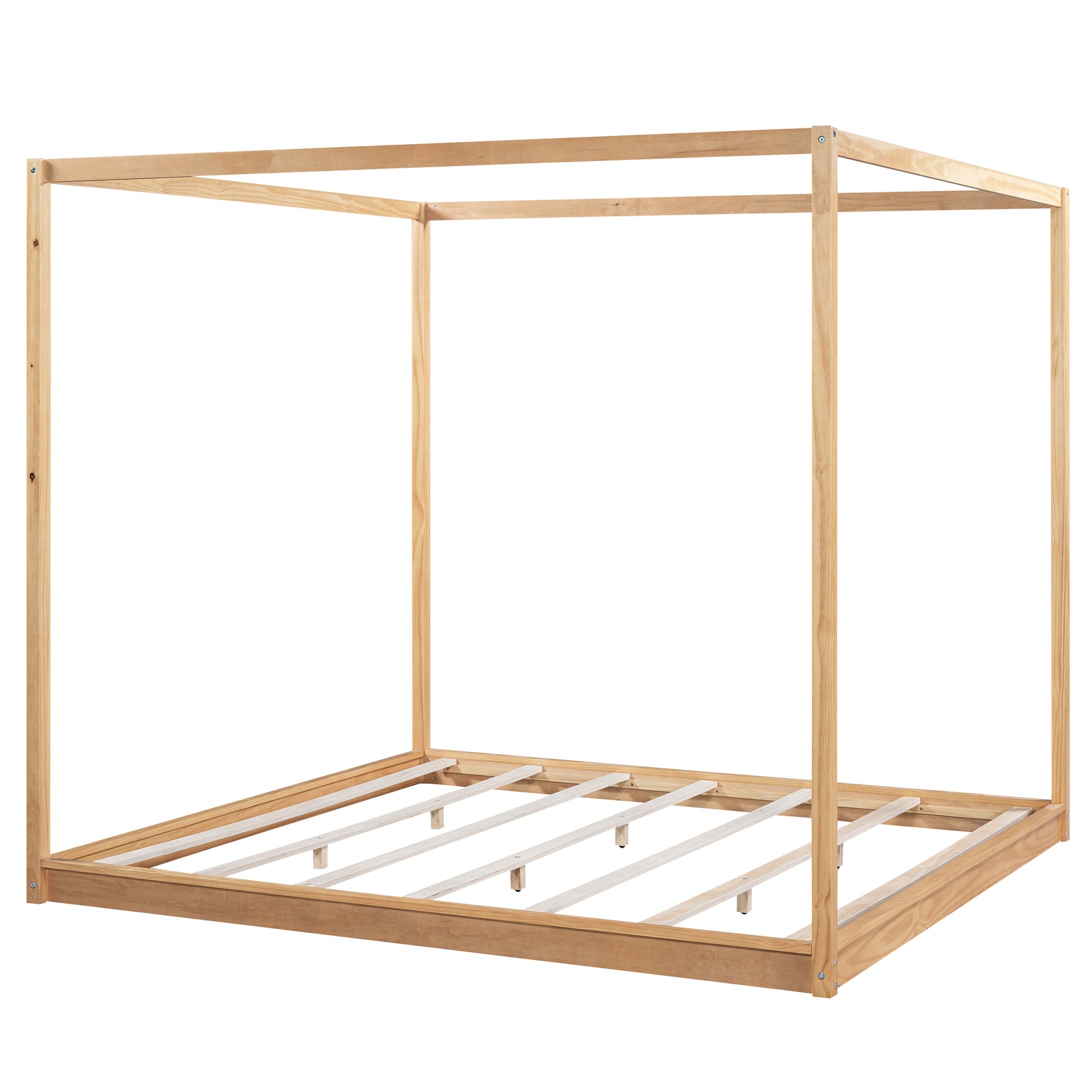 King Size Canopy Platform Bed With Support Legs, Natural Box Spring Not Required King Natural Wood Bedroom Canopy Pine