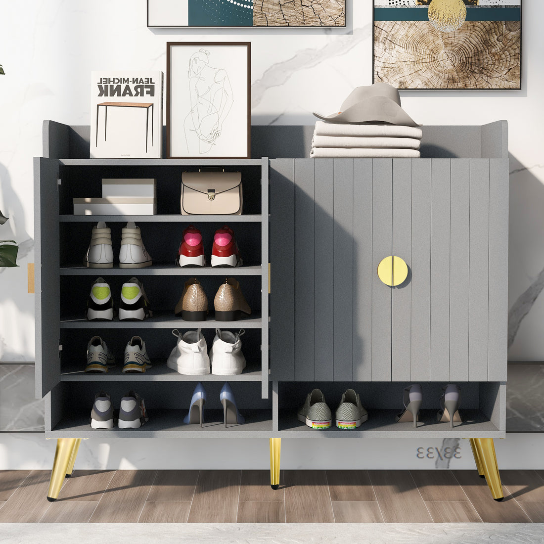 Shoe Cabinet With Doors, 11 Tier Shoe Storage Cabinet With Adjustable Shelves, Modern Wooden Shoes Shoe Storage Organizer For Entryway, Living Room, Hallway Matte Surface Gray Mdf