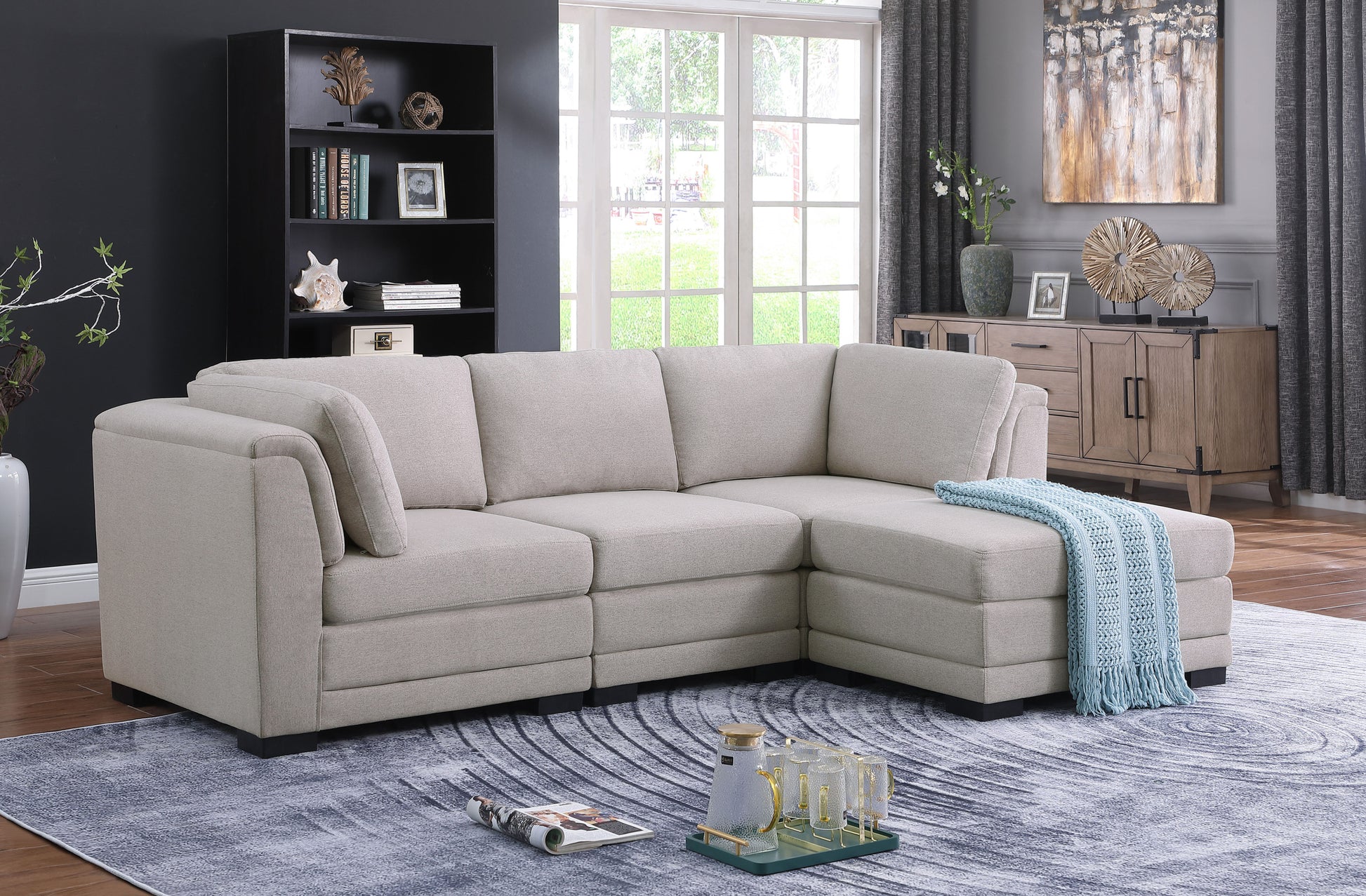 Kristin 96" Light Gray Linen Fabric Reversible Sectional Sofa With Ottoman Light Gray Linen