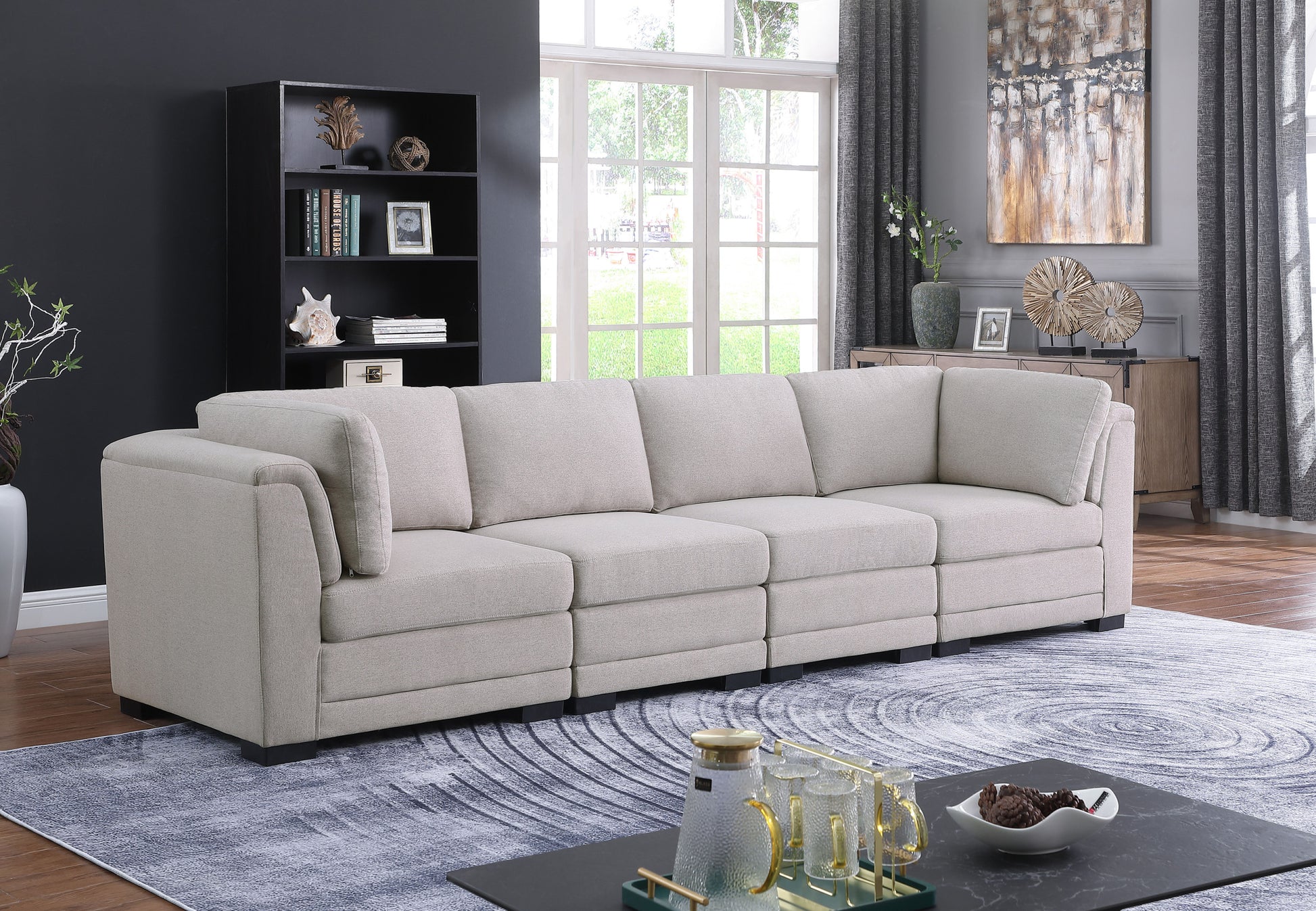 Kristin 121.5" Light Gray Linen Fabric 4 Seater Modular Sofa Light Gray Linen