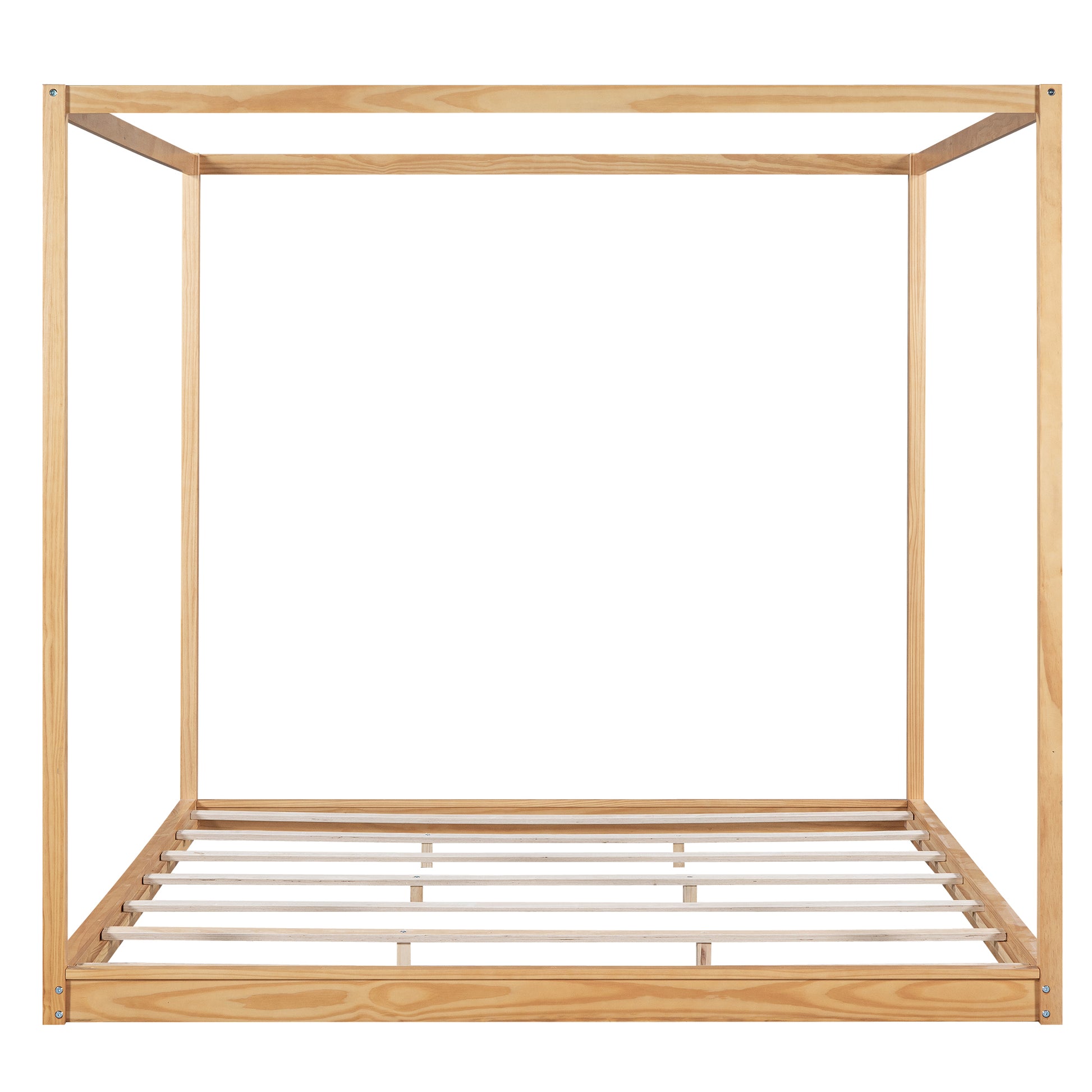 King Size Canopy Platform Bed With Support Legs, Natural Box Spring Not Required King Natural Wood Bedroom Canopy Pine