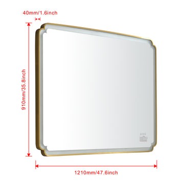 48*36 Led Lighted Bathroom Wall Mounted Mirror With High Lumen Anti Fog Separately Control Gold Aluminium