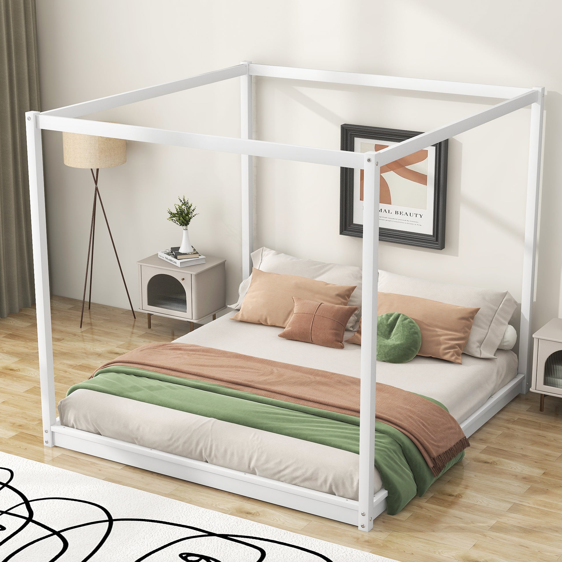 King Size Canopy Platform Bed With Support Legs,White Box Spring Not Required King White Wood Bedroom Canopy Pine