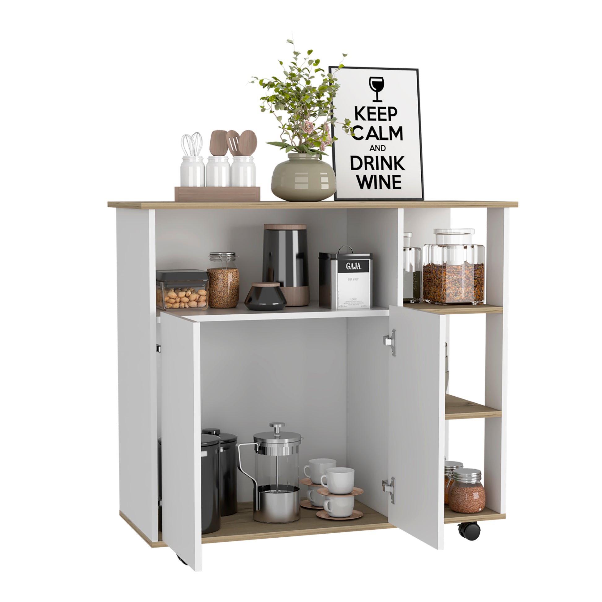 Kitchen Island Kamkacht, One Cabinet, Four Open Shelves, Light Oak White Finish Light Oak Particle Board