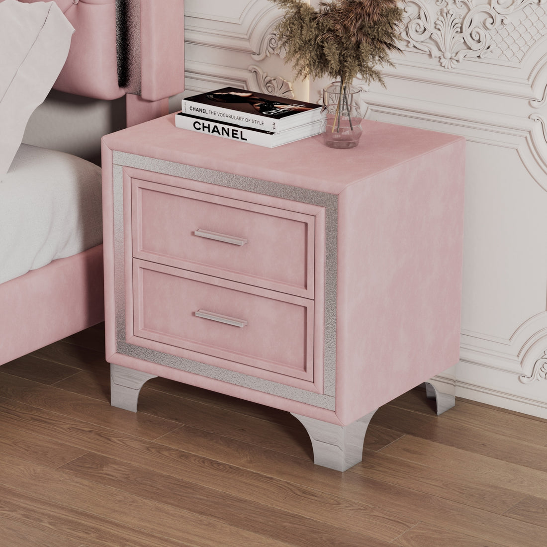 Mid Century Vintage Nightstand With Metal Legs For Bedroom, Velvet Bedside Table With 2 Drawers, Fully Assembled Except Legs And Handles, Pink Pink Velvet