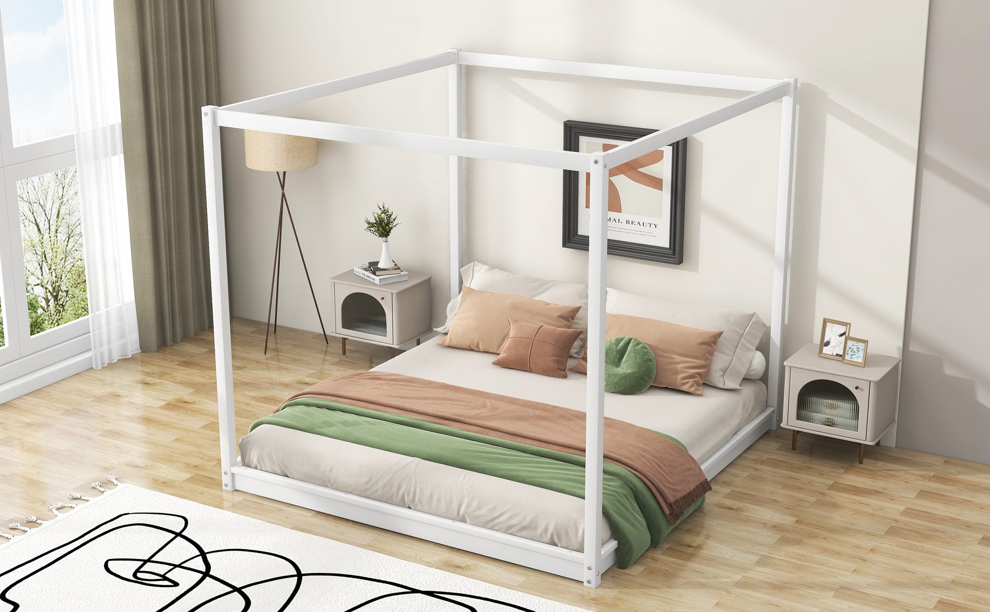 King Size Canopy Platform Bed With Support Legs,White Box Spring Not Required King White Wood Bedroom Canopy Pine