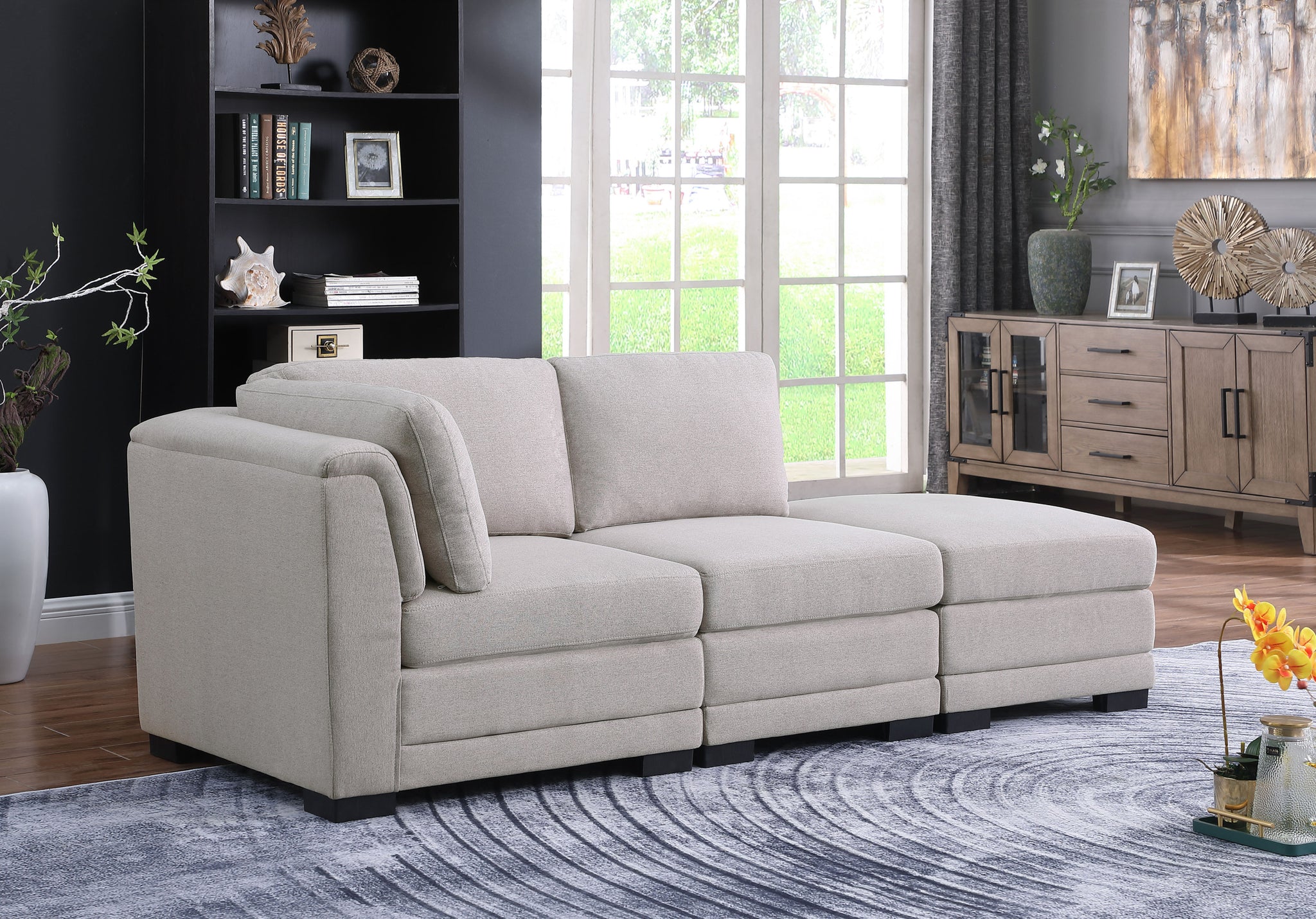 Kristin 86.5" Light Gray Linen Fabric Reversible Sofa With Ottoman Light Gray Linen