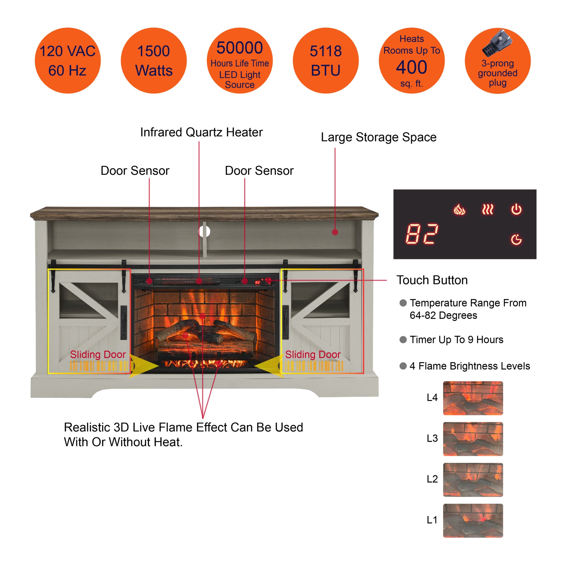 60 Inch Electric Fireplace Entertainment Center With Door Sensor Jasmine White Color Powder Coated Electric Jasmine White Vent Free Yes Insert Wood Stainless Steel Glass Electric