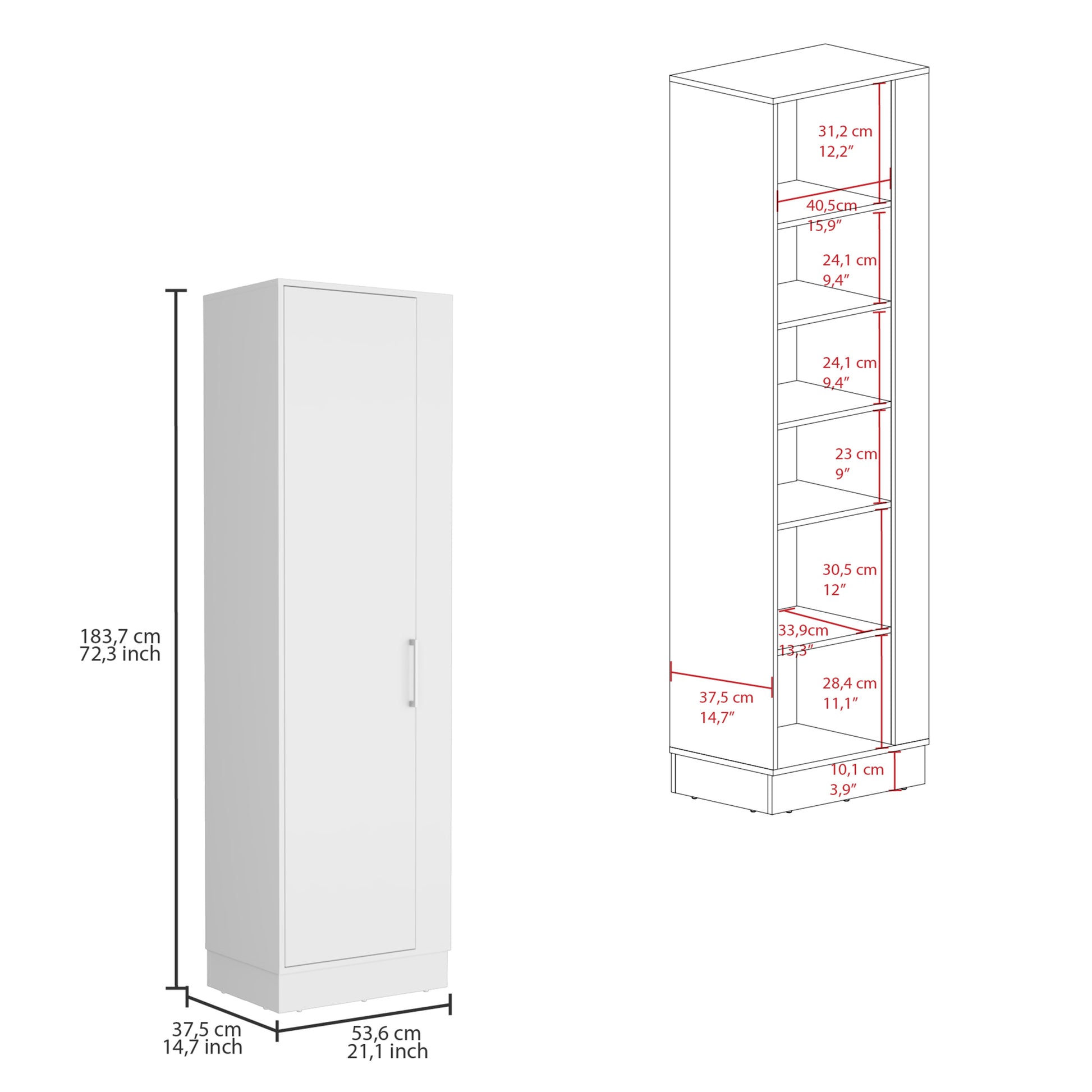 Storage Cabinet Manika, One Door And Shelves, White Finish White Particle Board