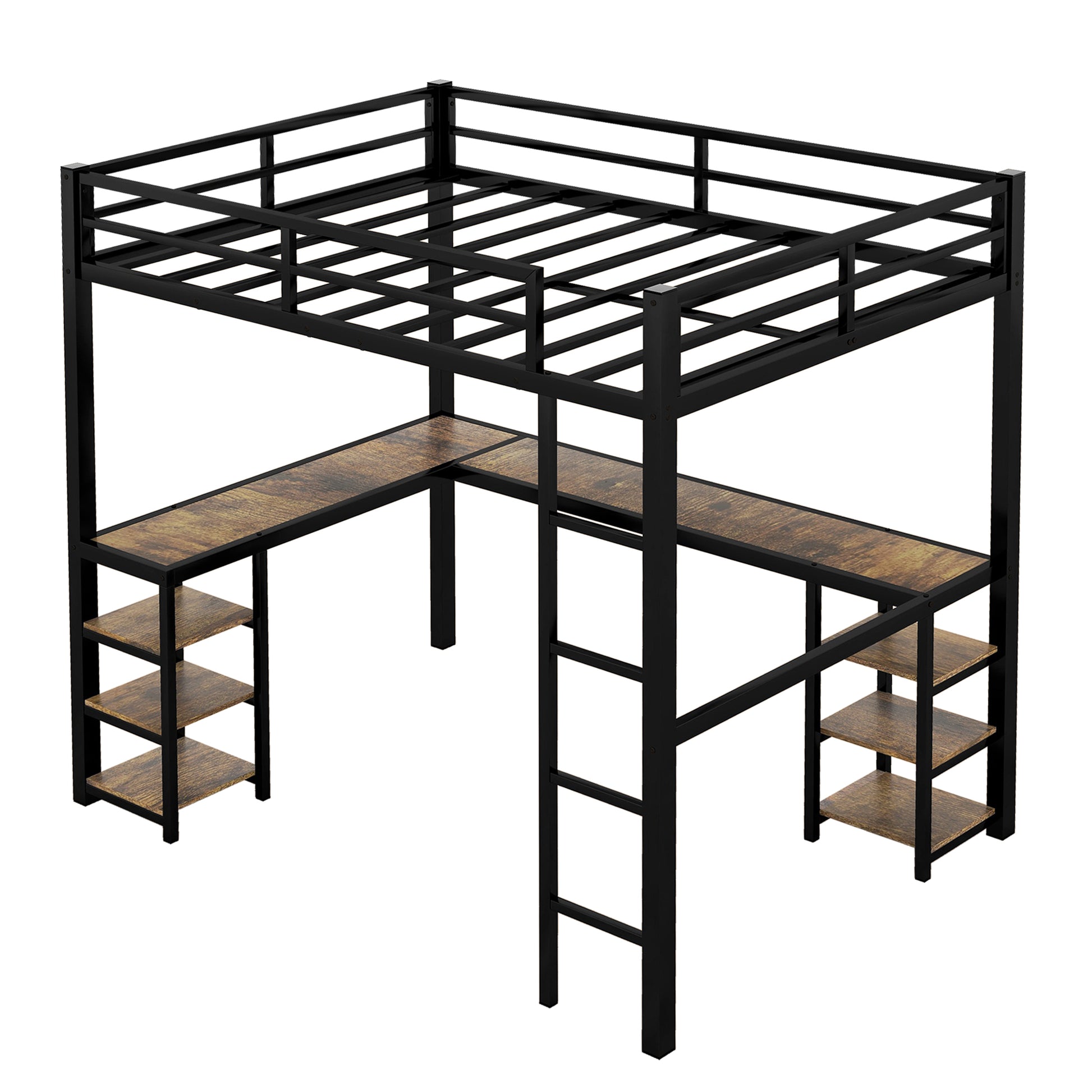 Full Metal Loft Bed With Desk And Shelves, Loft Bed With Ladder And Guardrails, Loft Bed Frame For Bedroom, Black With Vintage Wood Colored Desk Old Sku: W1307S00022 Full Black Metal