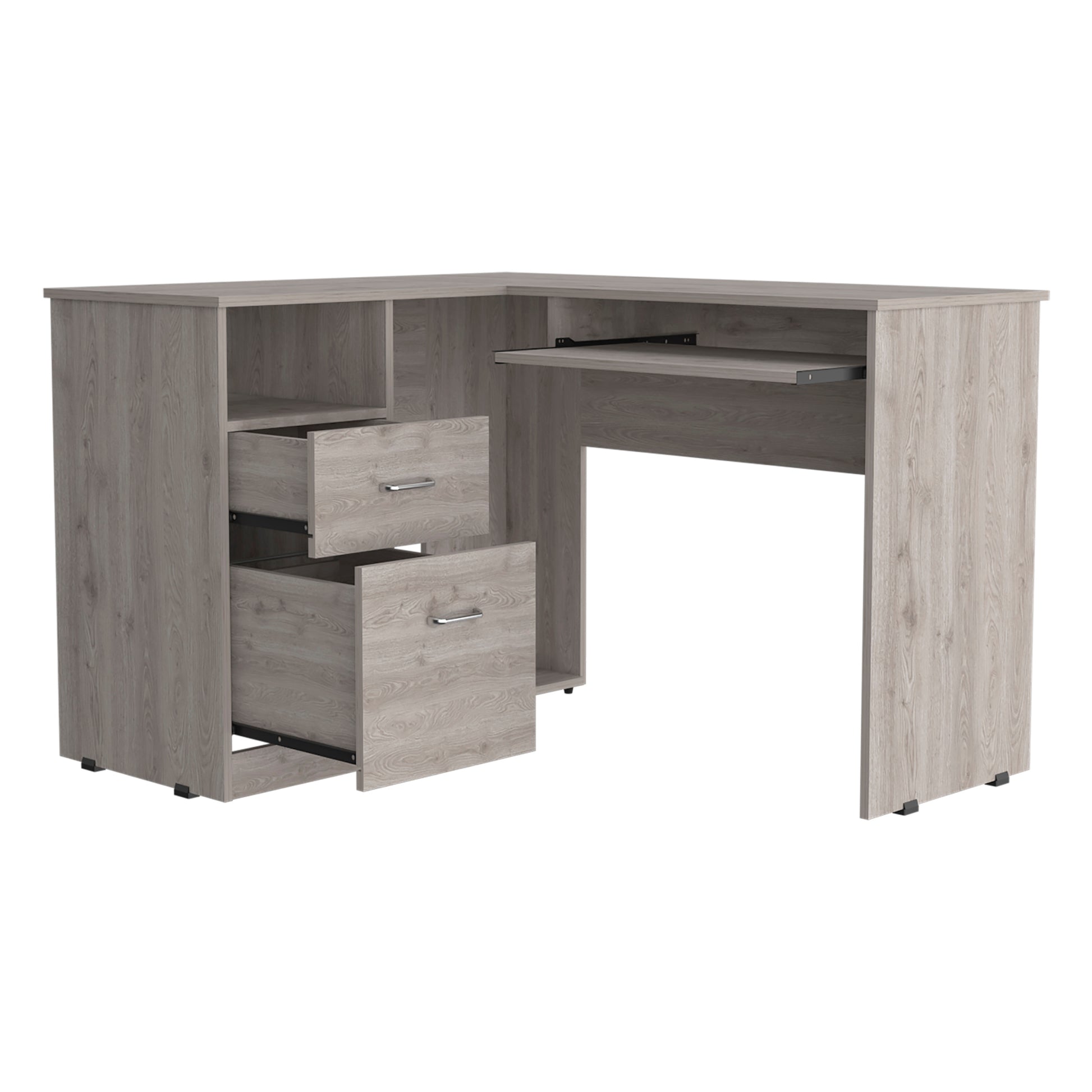 L Shaped Desk Bradford, Keyboard Shelf, Light Gray Finish Light Gray Particle Board