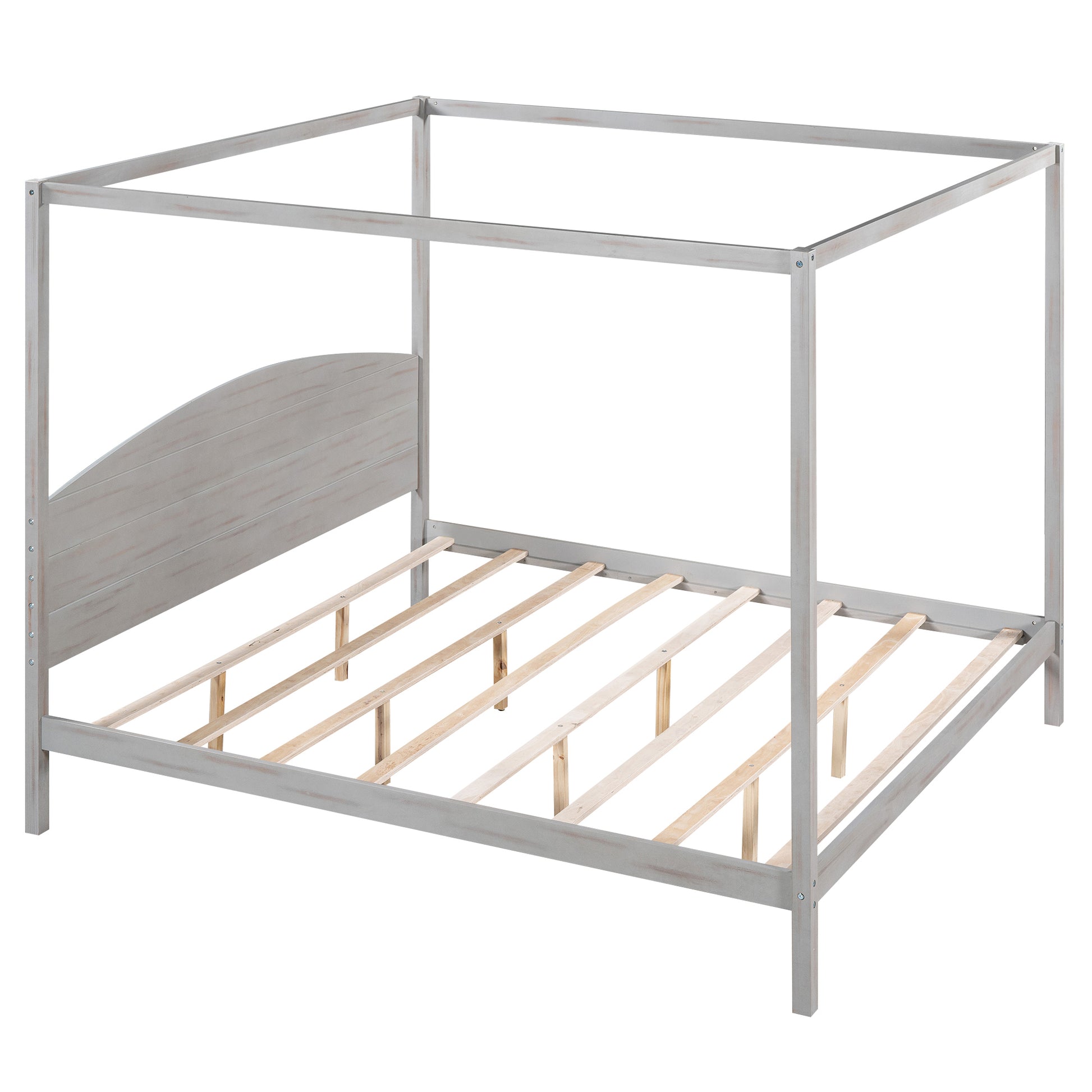 King Size Canopy Platform Bed With Headboard And Support Legs, Grey Wash Box Spring Not Required Grey Wood Pine