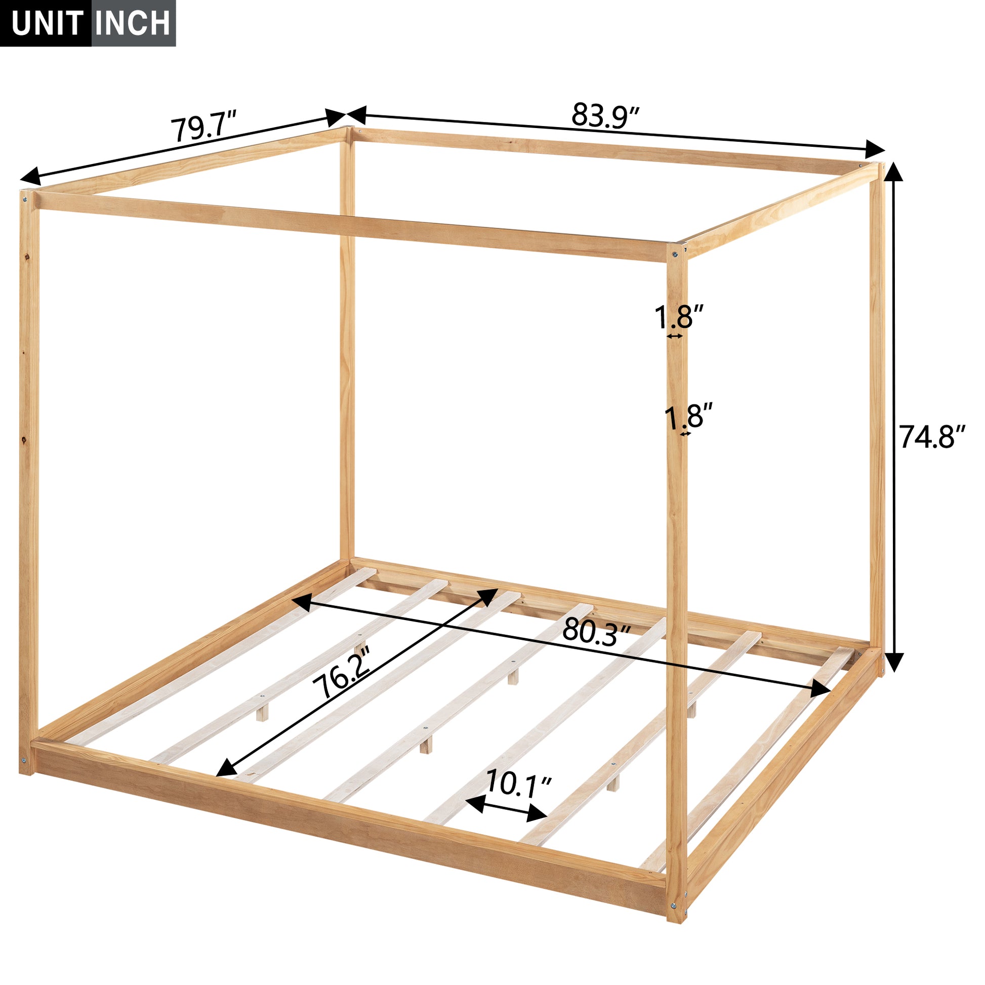 King Size Canopy Platform Bed With Support Legs, Natural Box Spring Not Required King Natural Wood Bedroom Canopy Pine