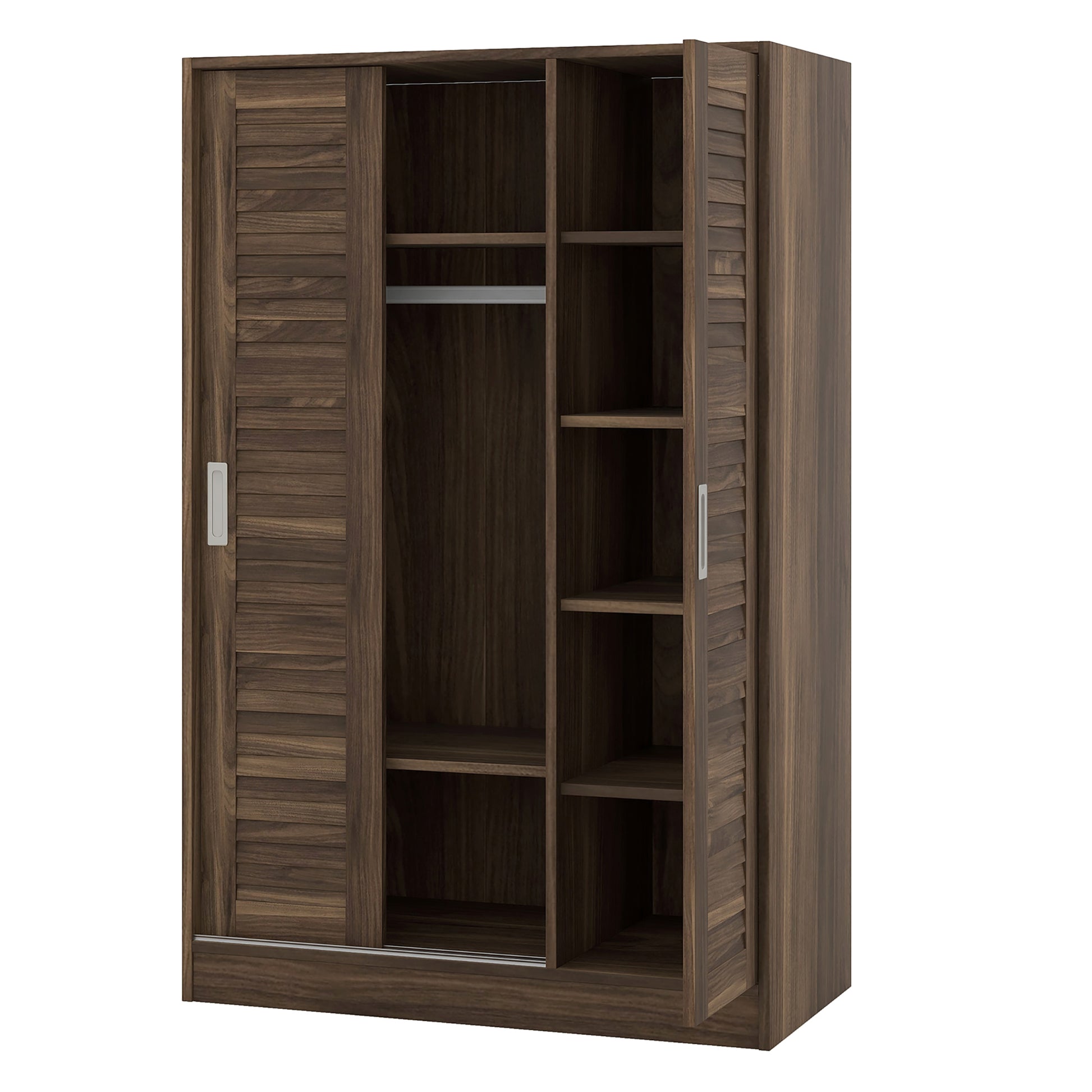 3 Door Shutter Wardrobe With Shelves, Walnut Sliding Walnut Shelf Bedroom Shelf Contemporary 3 Mdf
