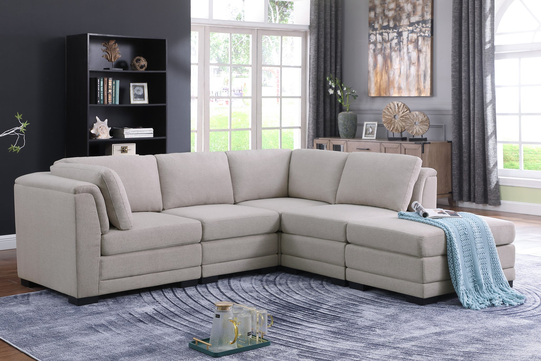 Kristin 96" Light Gray Linen Fabric Reversible Sectional Sofa With Ottoman Light Gray Linen