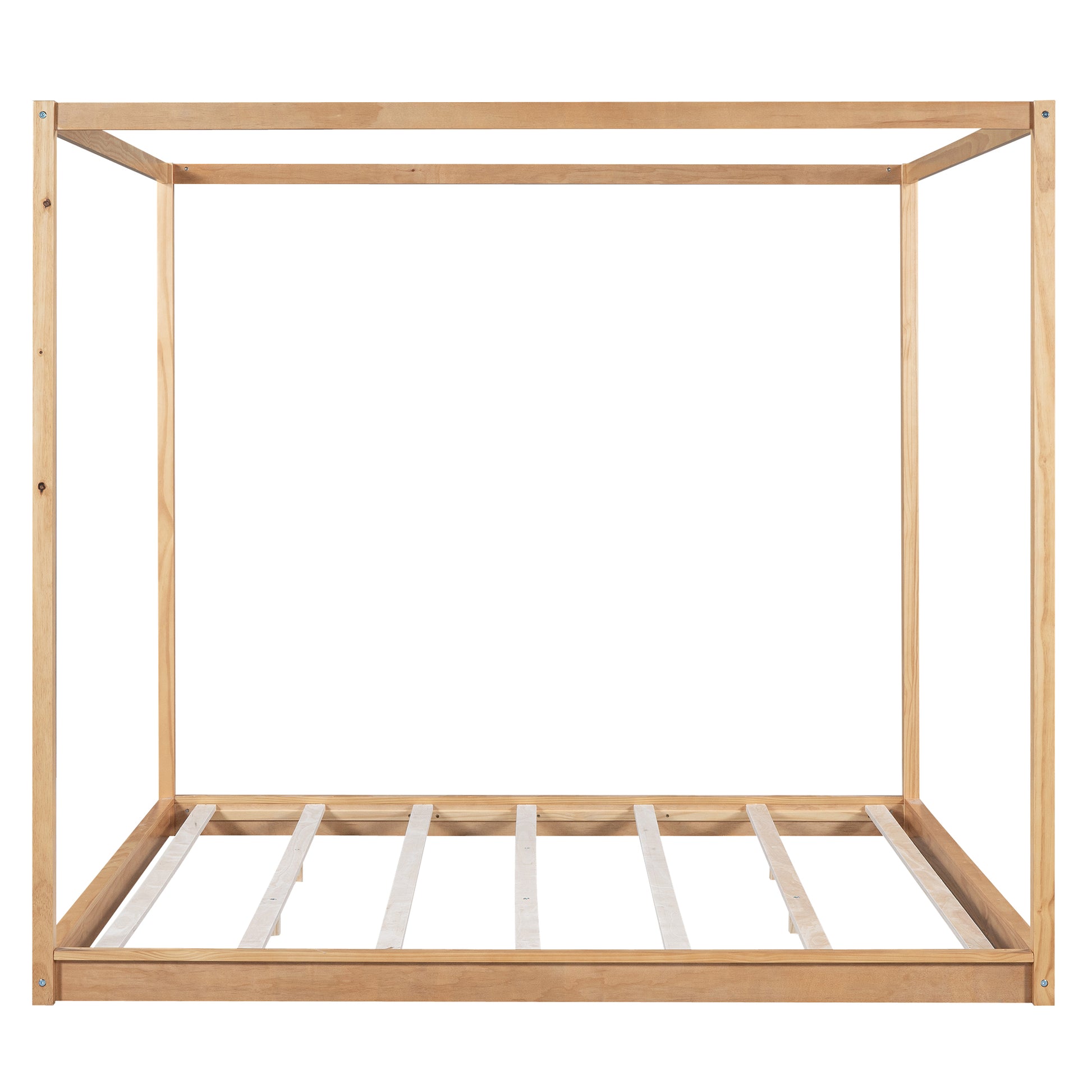 King Size Canopy Platform Bed With Support Legs, Natural Box Spring Not Required King Natural Wood Bedroom Canopy Pine