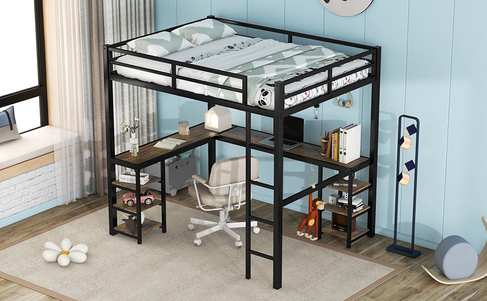 Full Metal Loft Bed With Desk And Shelves, Loft Bed With Ladder And Guardrails, Loft Bed Frame For Bedroom, Black Old Sku: W1307S00016 Pre Sale Date: 2024 3 7. Black Metal