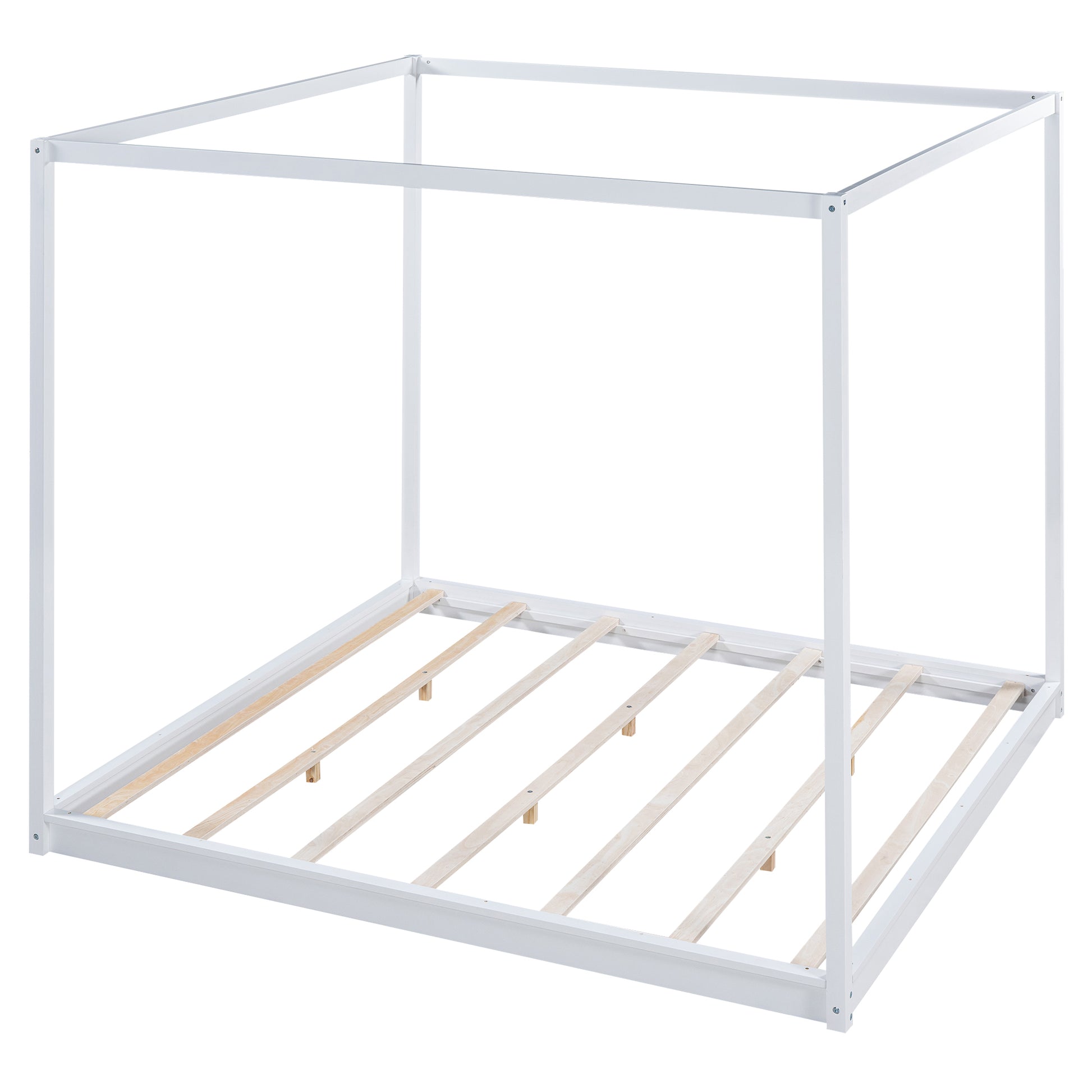 King Size Canopy Platform Bed With Support Legs,White Box Spring Not Required King White Wood Bedroom Canopy Pine