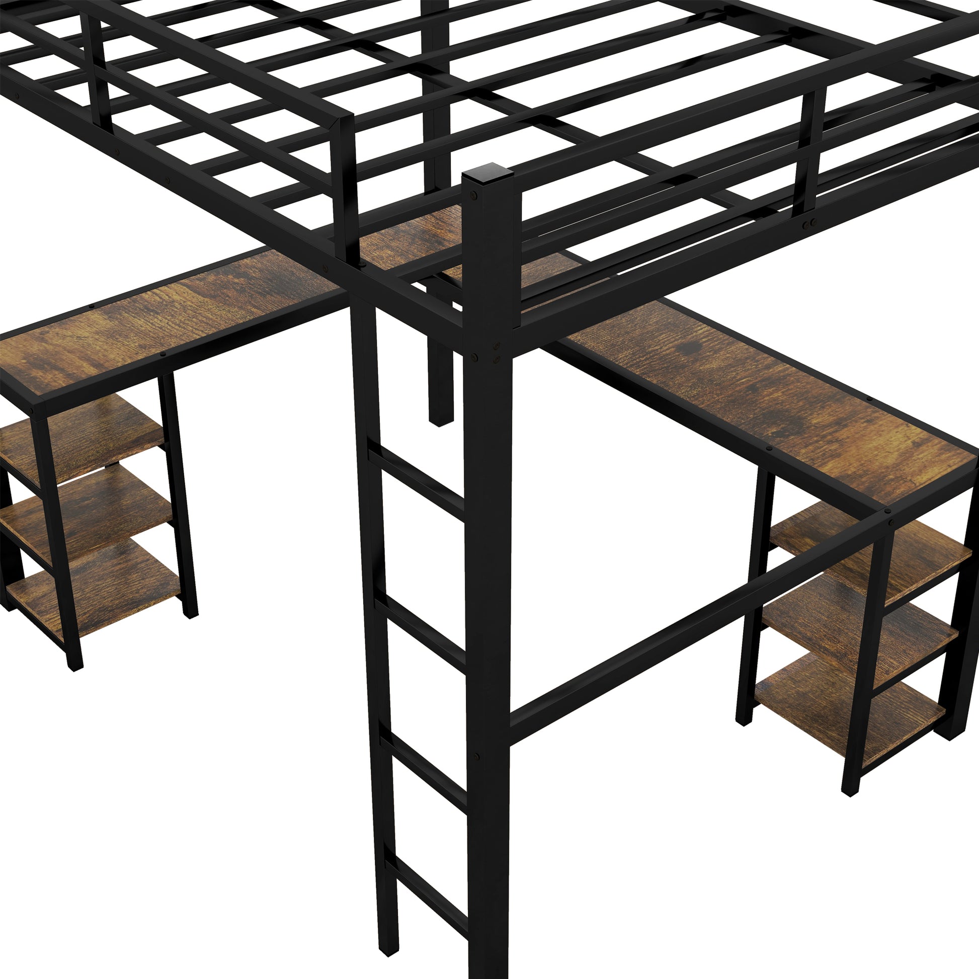 Full Metal Loft Bed With Desk And Shelves, Loft Bed With Ladder And Guardrails, Loft Bed Frame For Bedroom, Black With Vintage Wood Colored Desk Old Sku: W1307S00022 Full Black Metal