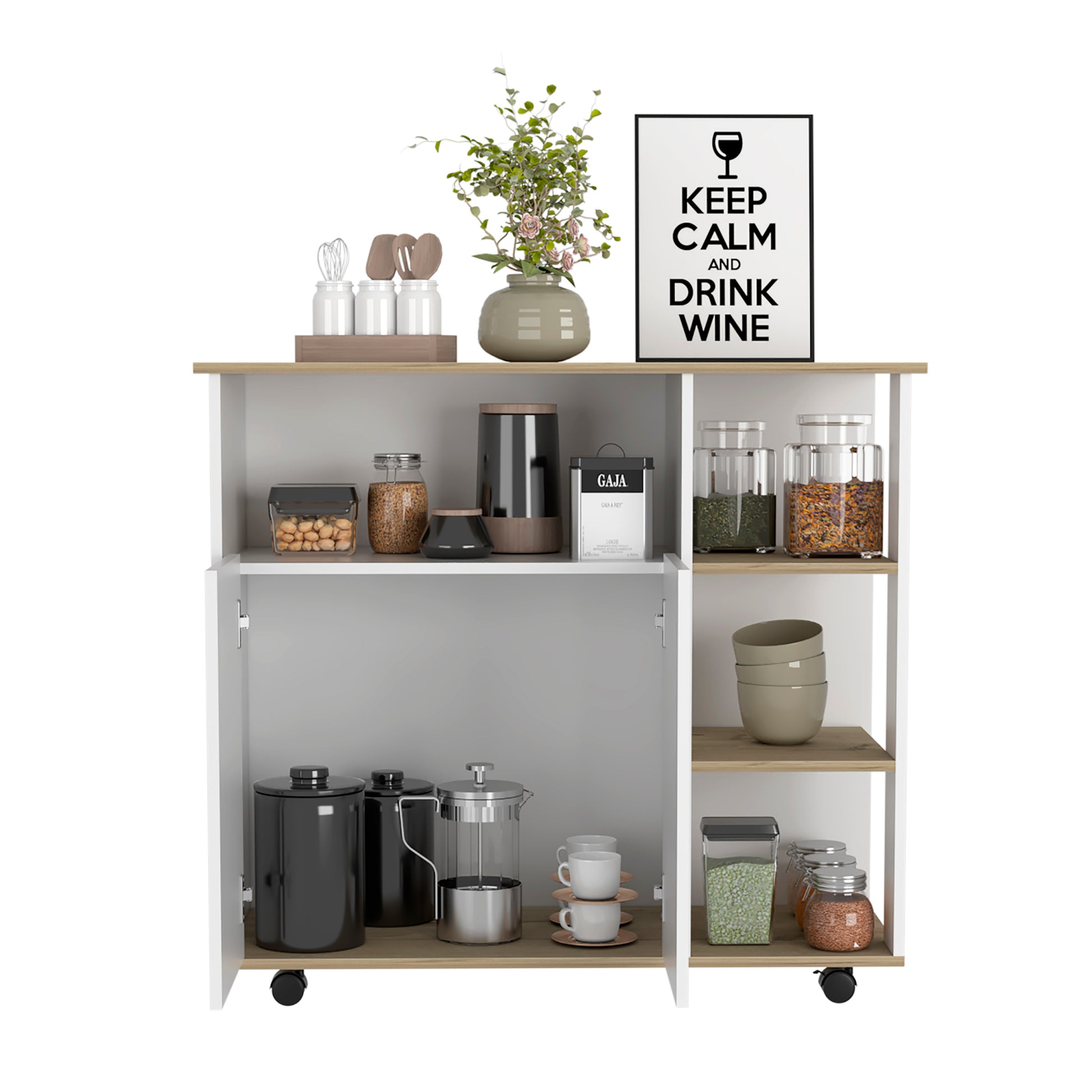 Kitchen Island Kamkacht, One Cabinet, Four Open Shelves, Light Oak White Finish Light Oak Particle Board