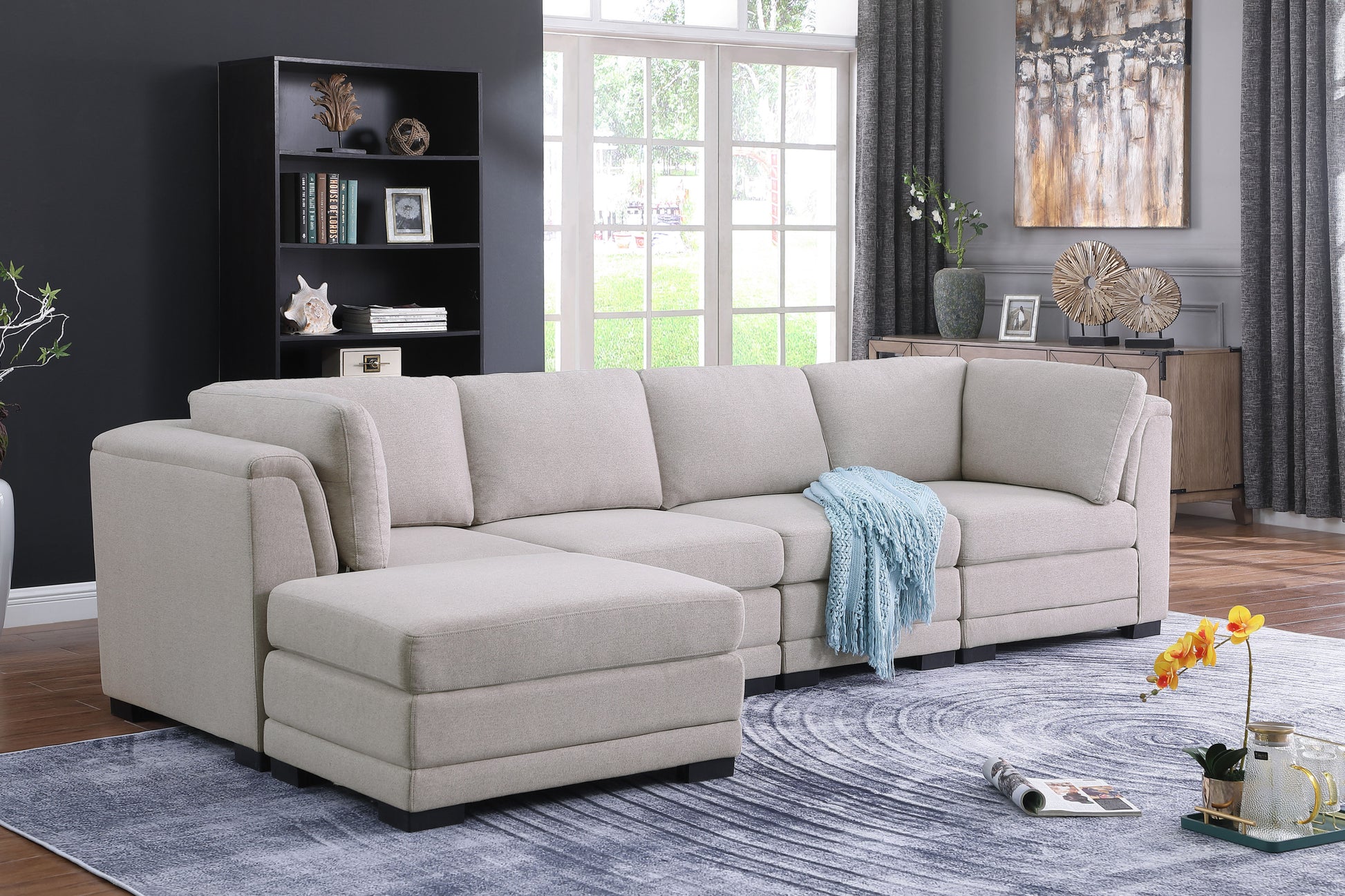 Kristin 121.5" Light Gray Linen Fabric Reversible Sectional Sofa With Ottoman Light Gray Linen