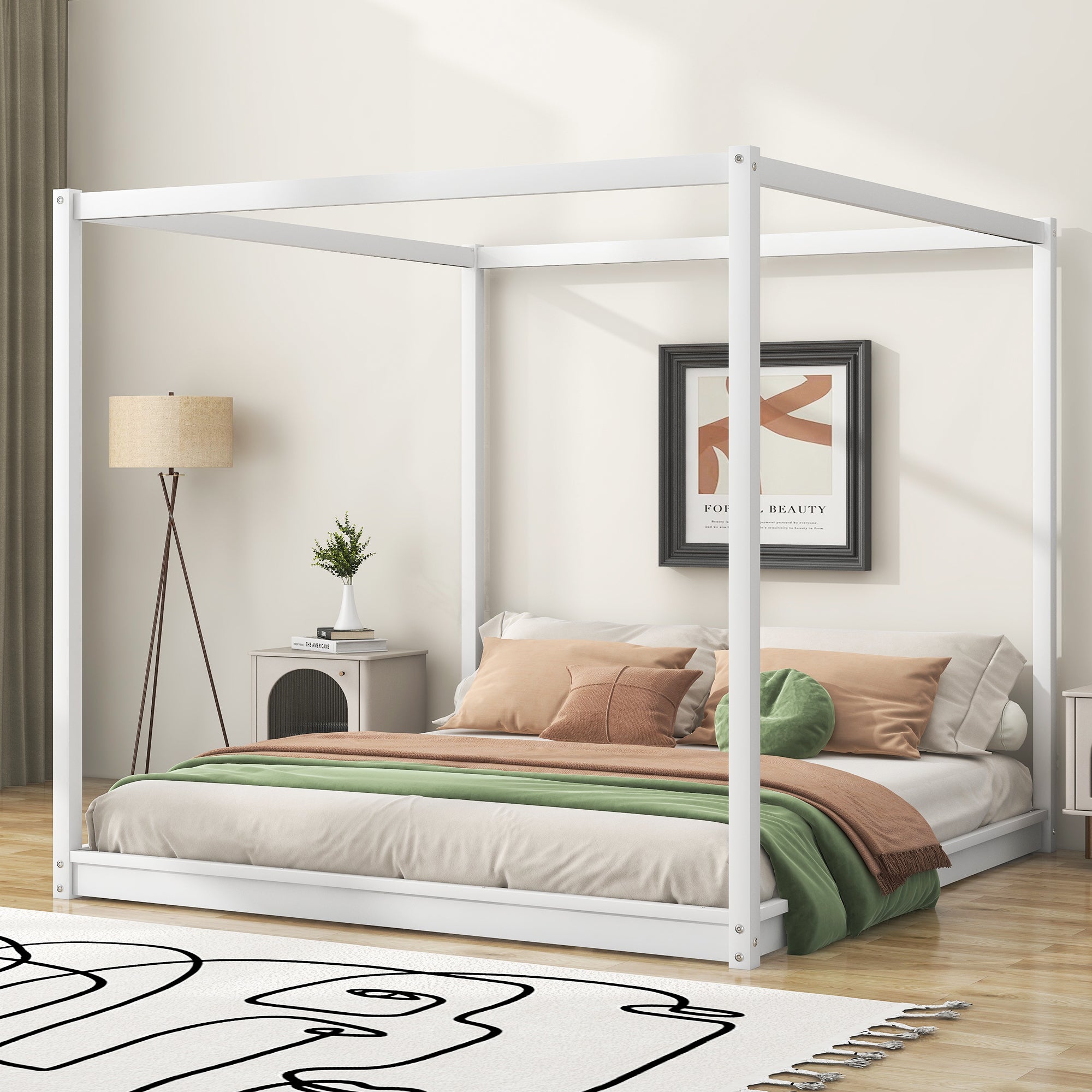 King Size Canopy Platform Bed With Support Legs,White Box Spring Not Required King White Wood Bedroom Canopy Pine