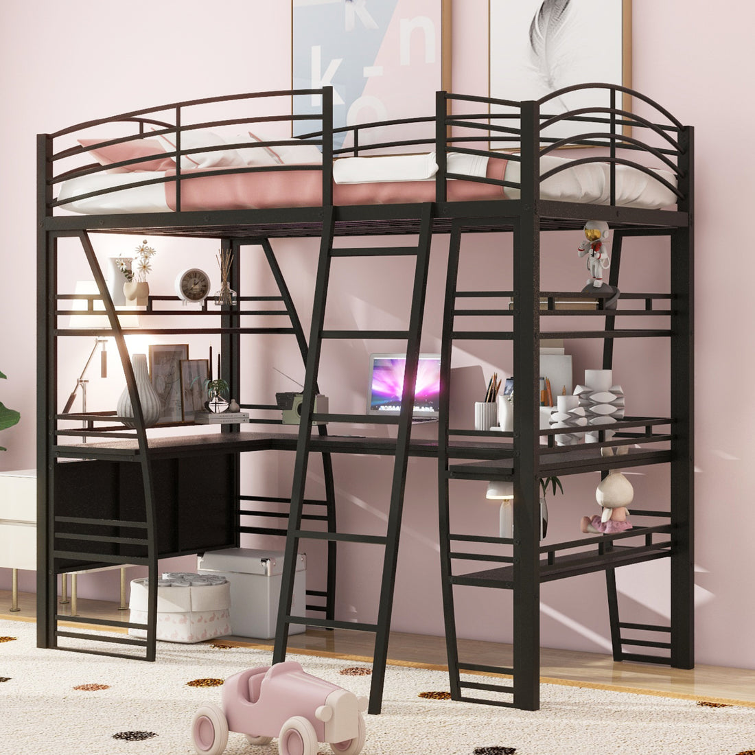 Twin Size Loft Bed With 4 Layers Of Shelves And L Shaped Desk, Stylish Metal Frame Bed With A Set Of Sockets, Usb Ports And Wireless Charging, Black Black Metal