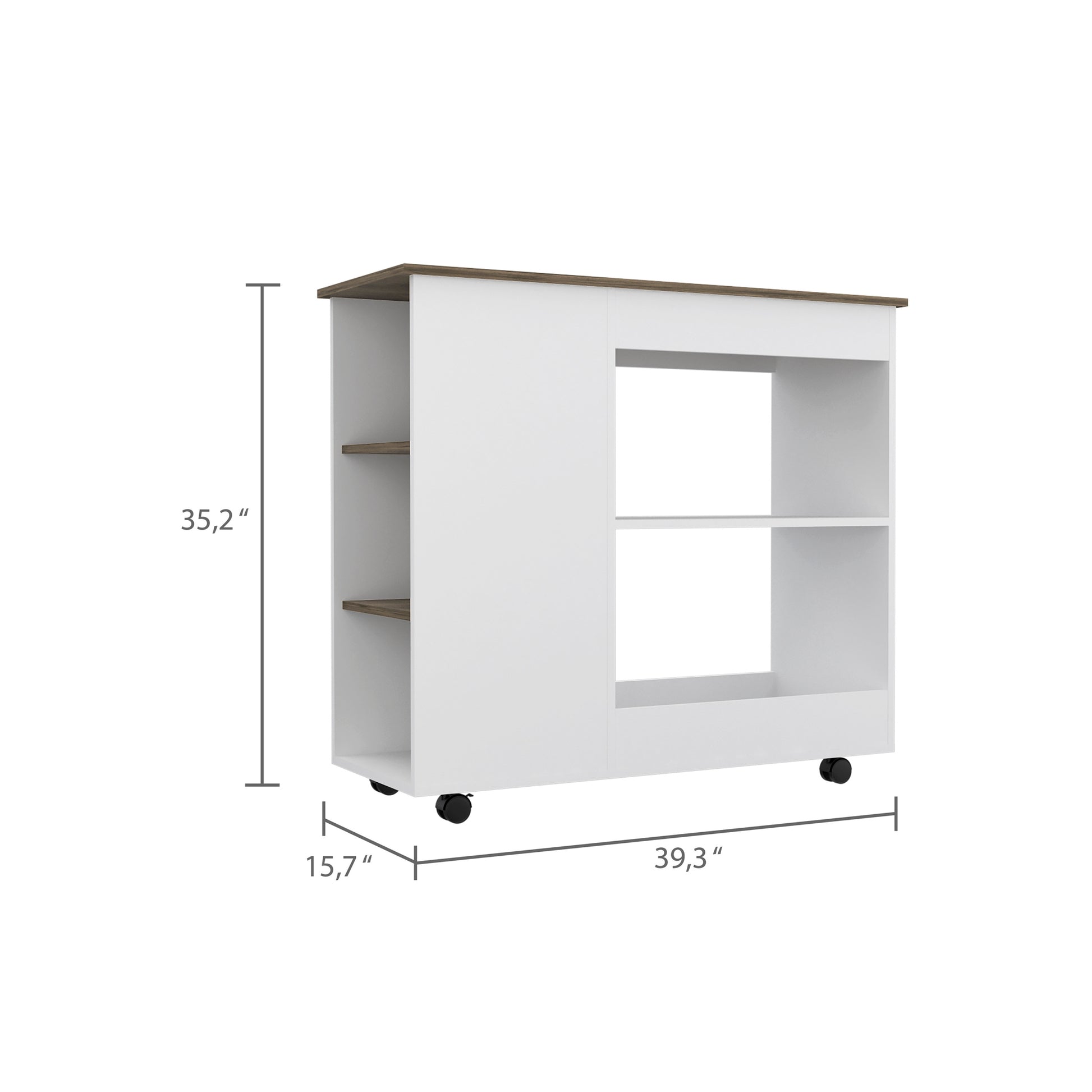 Kitchen Cart Kamizaze, Two Storage Shelves, Four Casters, Three Side Shelves, White Dark Brown Finish Dark Brown White Particle Board