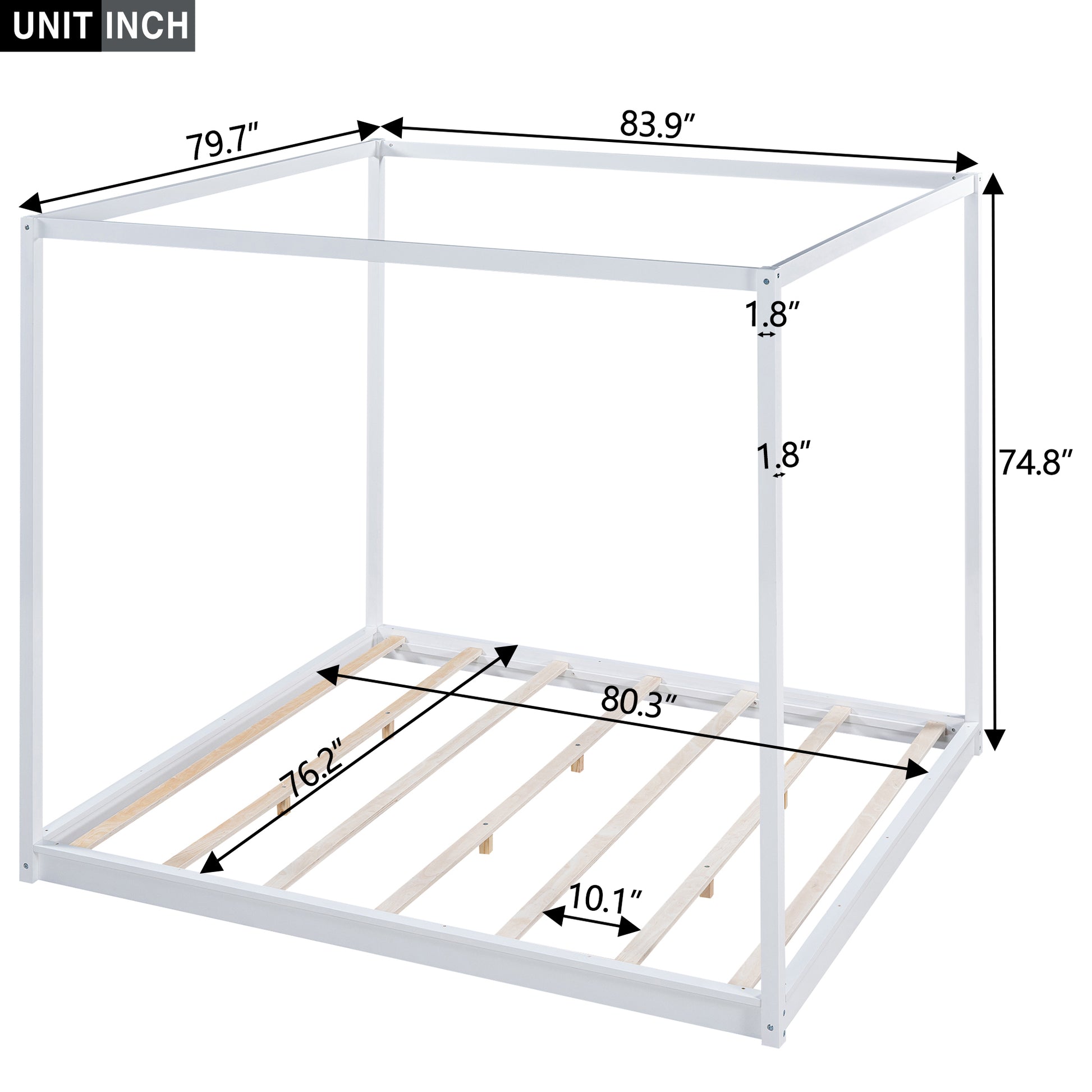 King Size Canopy Platform Bed With Support Legs,White Box Spring Not Required King White Wood Bedroom Canopy Pine