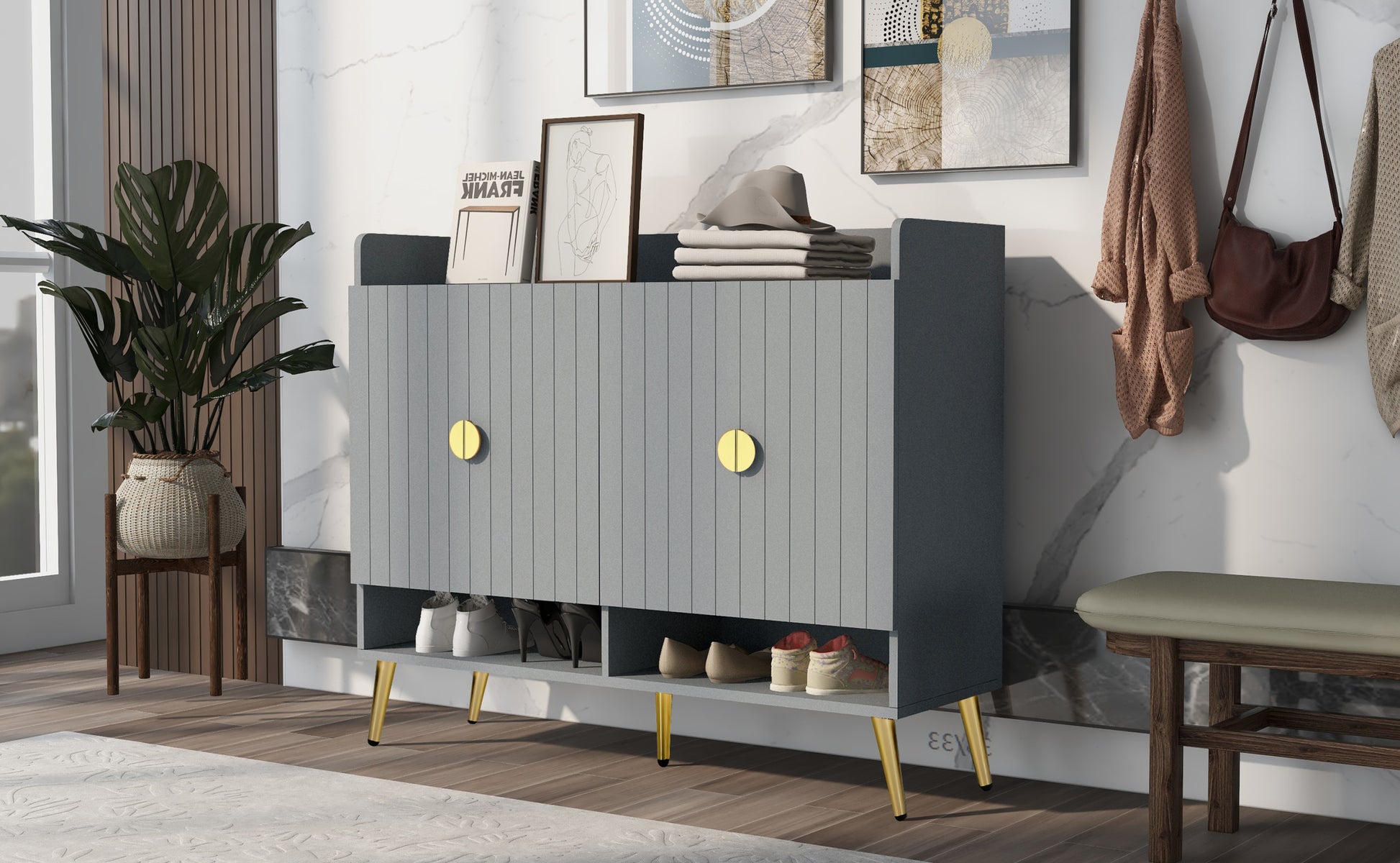 Shoe Cabinet With Doors, 11 Tier Shoe Storage Cabinet With Adjustable Shelves, Modern Wooden Shoes Shoe Storage Organizer For Entryway, Living Room, Hallway Matte Surface Gray Mdf