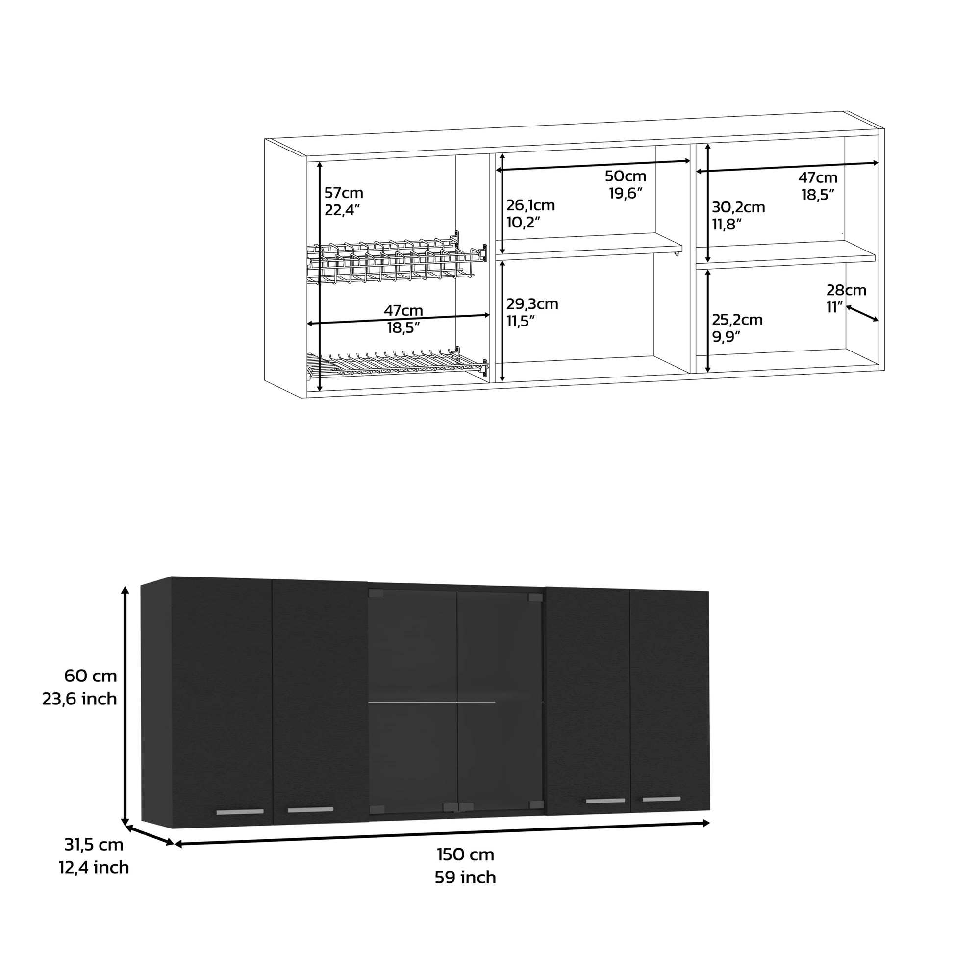 Superior Wall Cabinet Peoria, Four Interior Shelves, Black Wengue Finish Black Particle Board