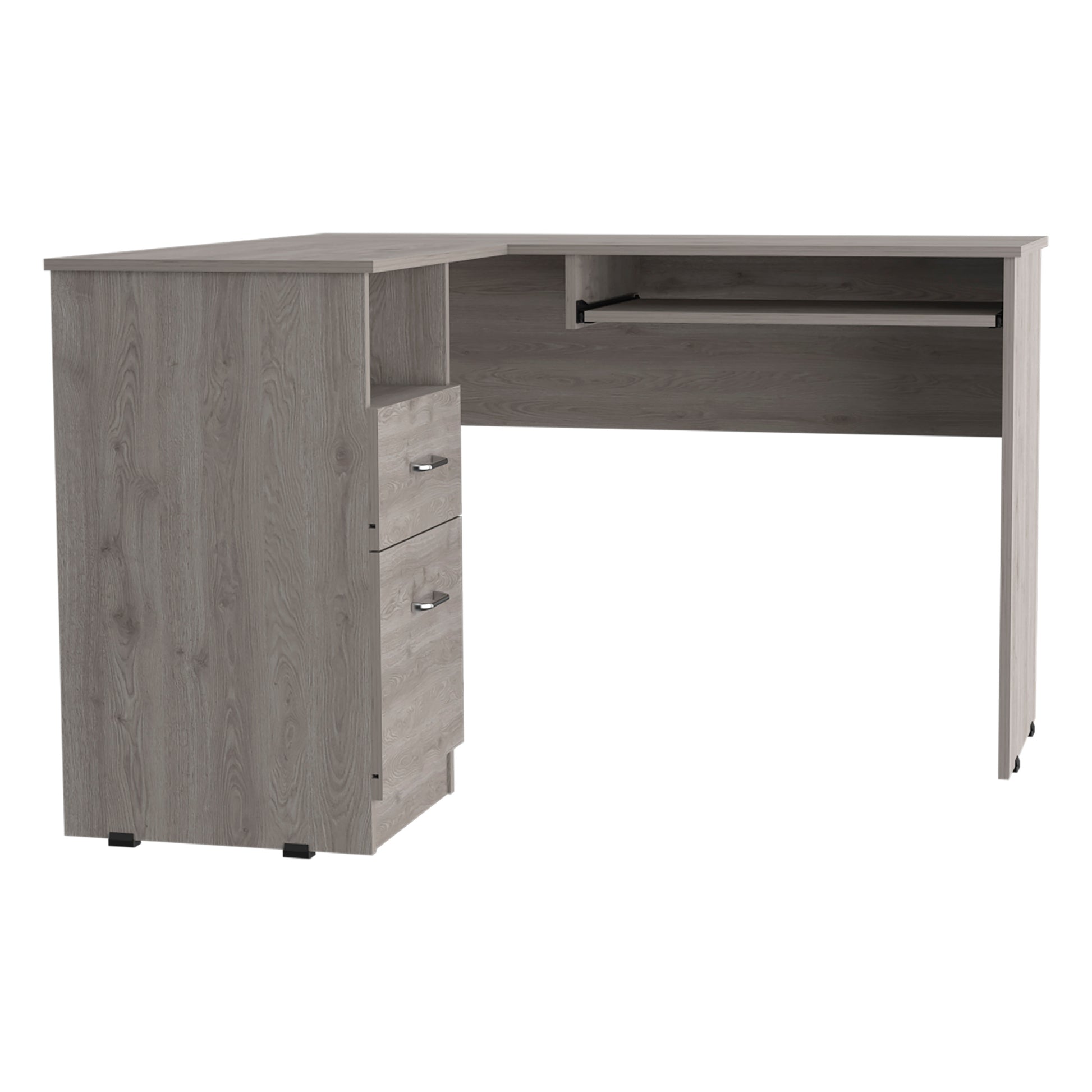 L Shaped Desk Bradford, Keyboard Shelf, Light Gray Finish Light Gray Particle Board