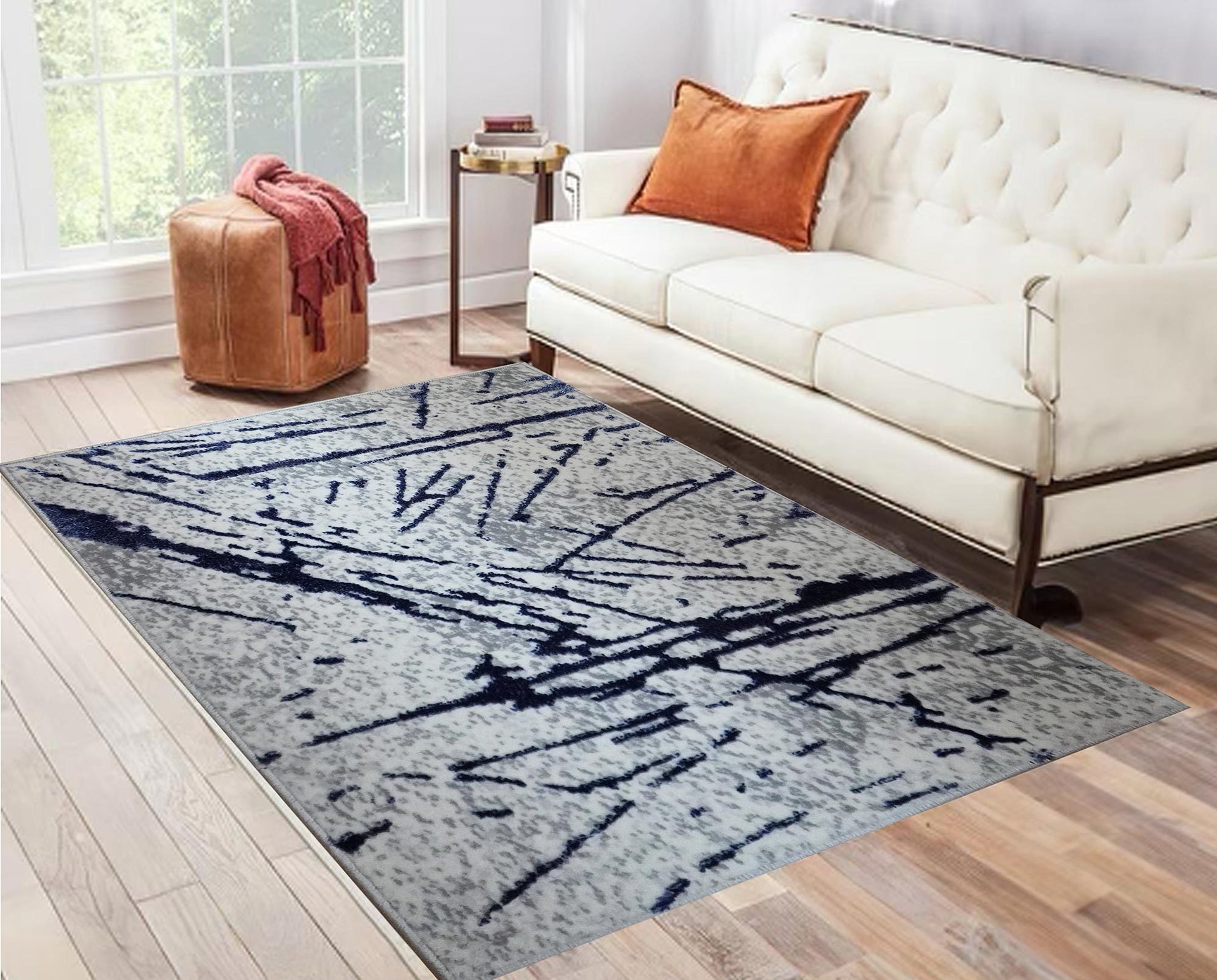 Shifra Luxury Area Rug In Gray With Navy Blue Abstract Design Multicolor Polyester