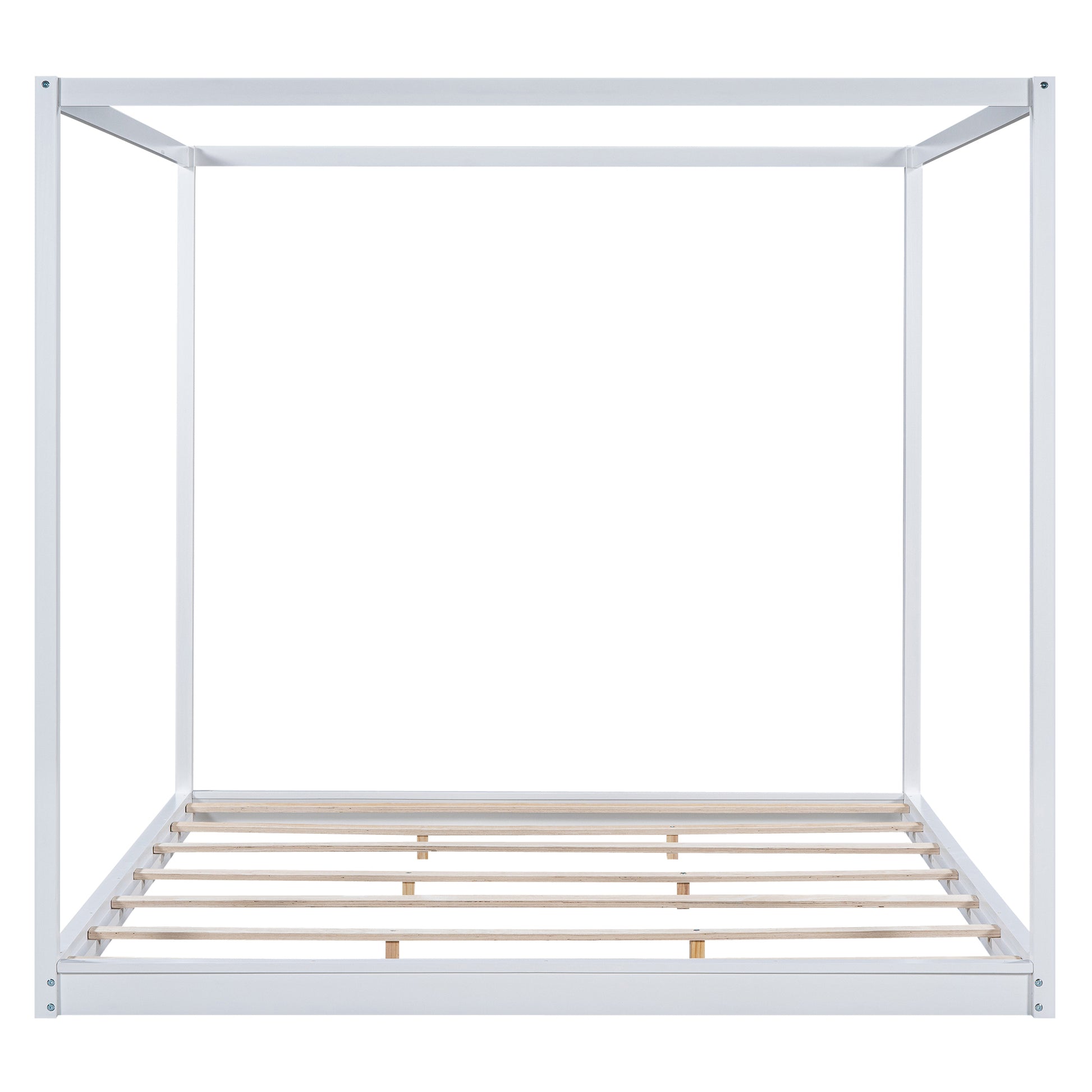 King Size Canopy Platform Bed With Support Legs,White Box Spring Not Required King White Wood Bedroom Canopy Pine