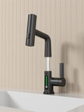 Pull Out Lift Led Temperature Digital Display Bathroom Basin Faucet, Single Handle 360 Rotatable Waterfall 3 In 1 Basin Tap With Adjustable Height Matte Black One Matte Black Deck Mounted Matte Black Lever Handles 1 Hole Faucets Stainless Steel