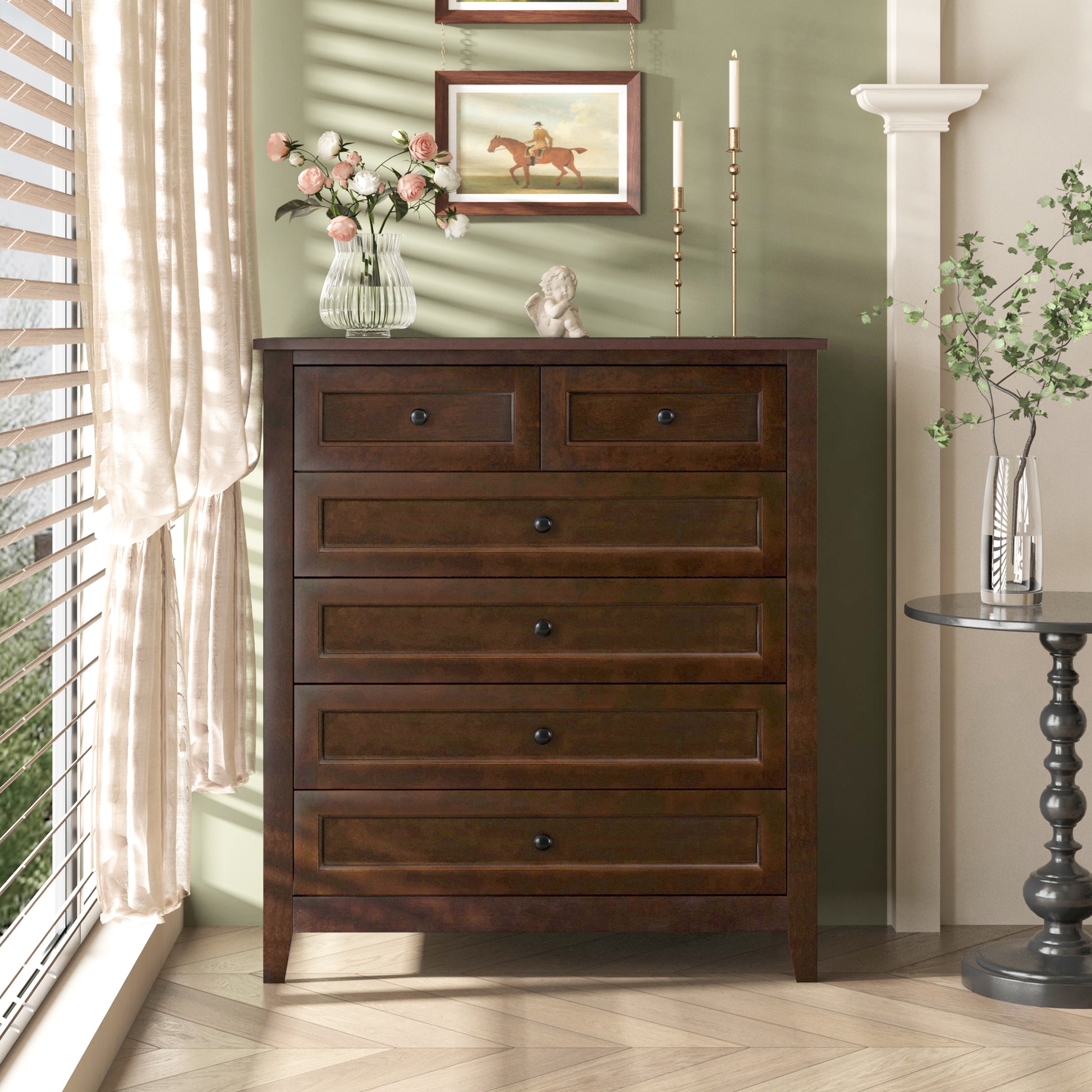 Solid Wood Spray Painted Drawer Dresser Bar,Buffet Tableware Cabinet Lockers Buffet Server Console Table Lockers, Retro Round Handle, Applicable To The Dining Room, Living Room,Kitchen Corridor,Auburn 5 Or More Drawers Auburn Brown Primary Living Space