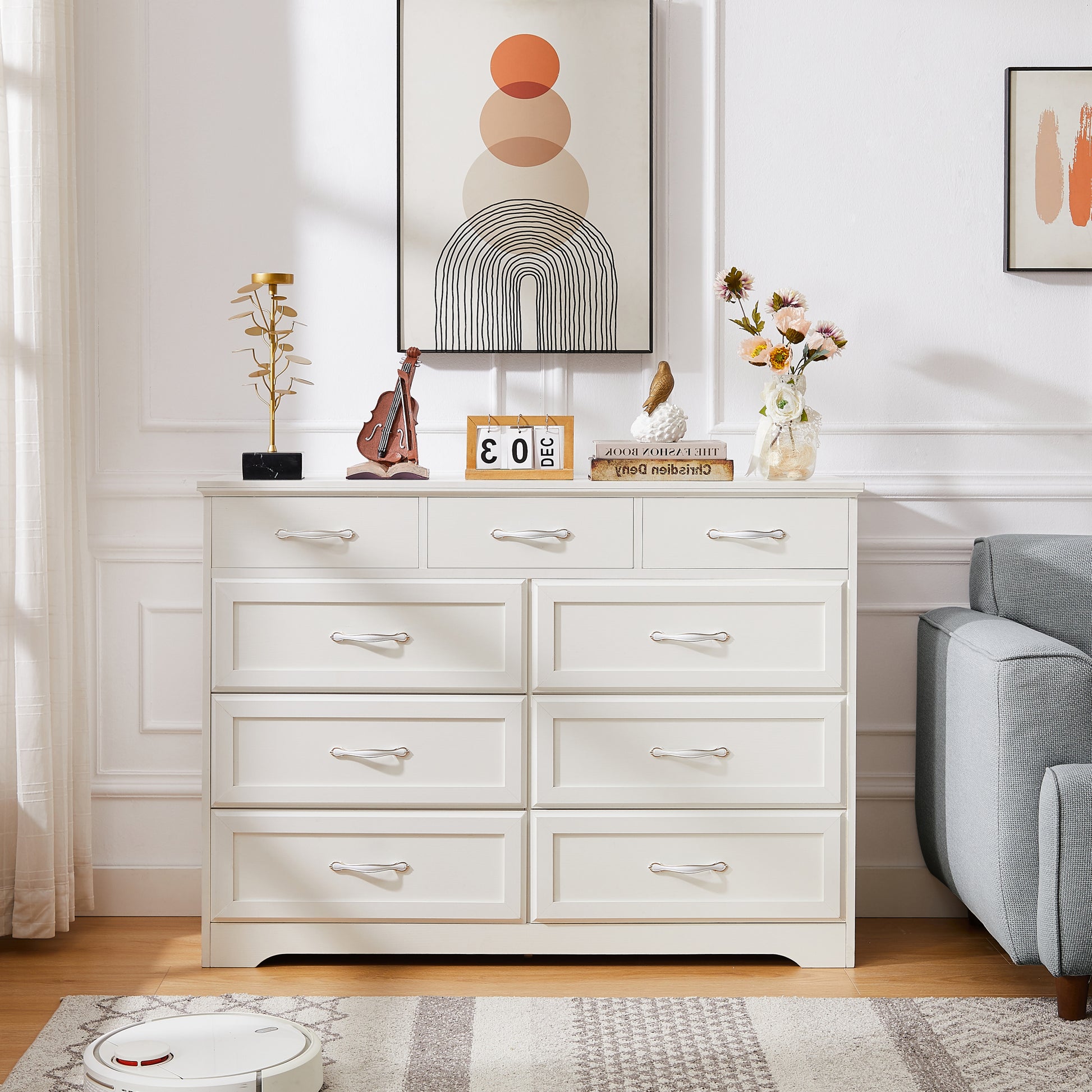 Bedroom Dresser, 9 Drawer Long Dresser With Antique Handles, Wood Chest Of Drawers For Kids Room, Living Room, Entry And Hallway, White, 47.56''W X 15.75''D X 34.45''H. White Particle Board