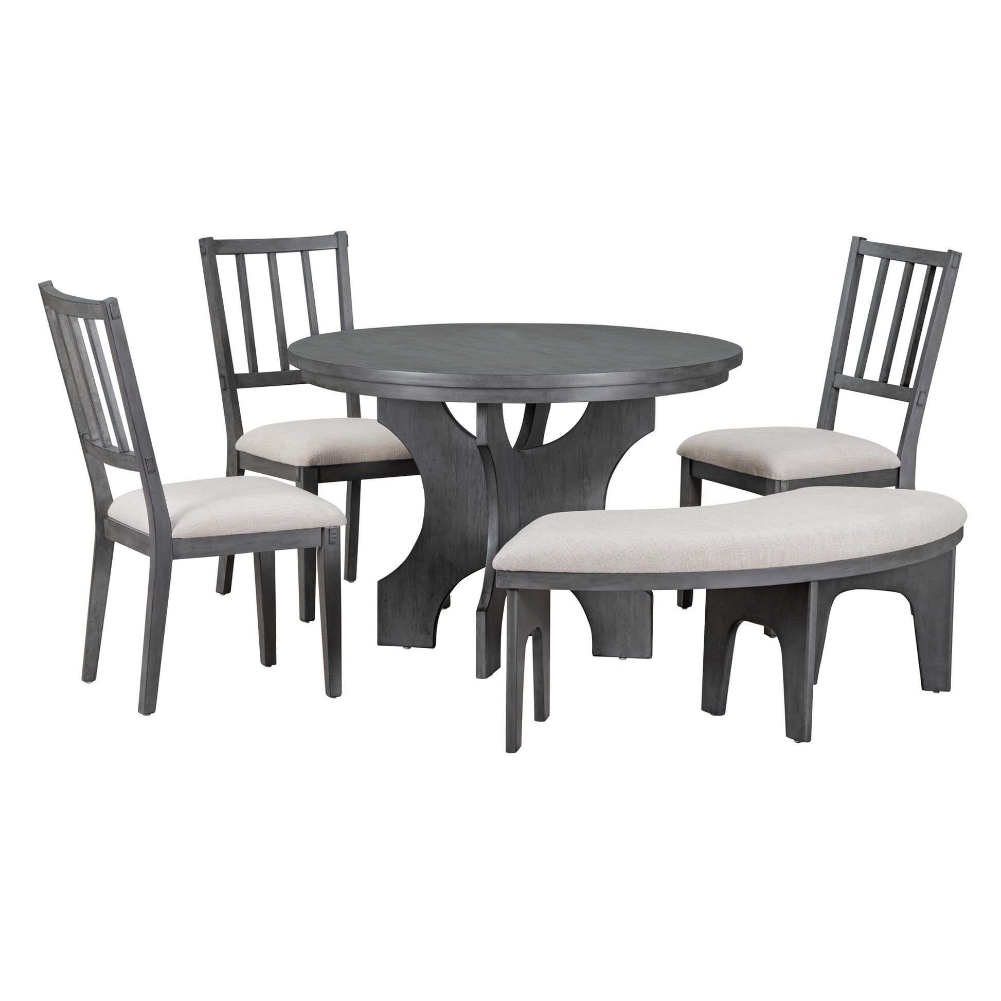 5 Piece Dining Table Set, 44" Round Dining Table With Curved Bench & Side Chairs For 4 5 People For Dining Room And Kitchen Grey Wood Dining Room Distressed Finish Rubberwood Round Dining Table With Chair And Bench Upholstered Chair Wood Grey Slat Back