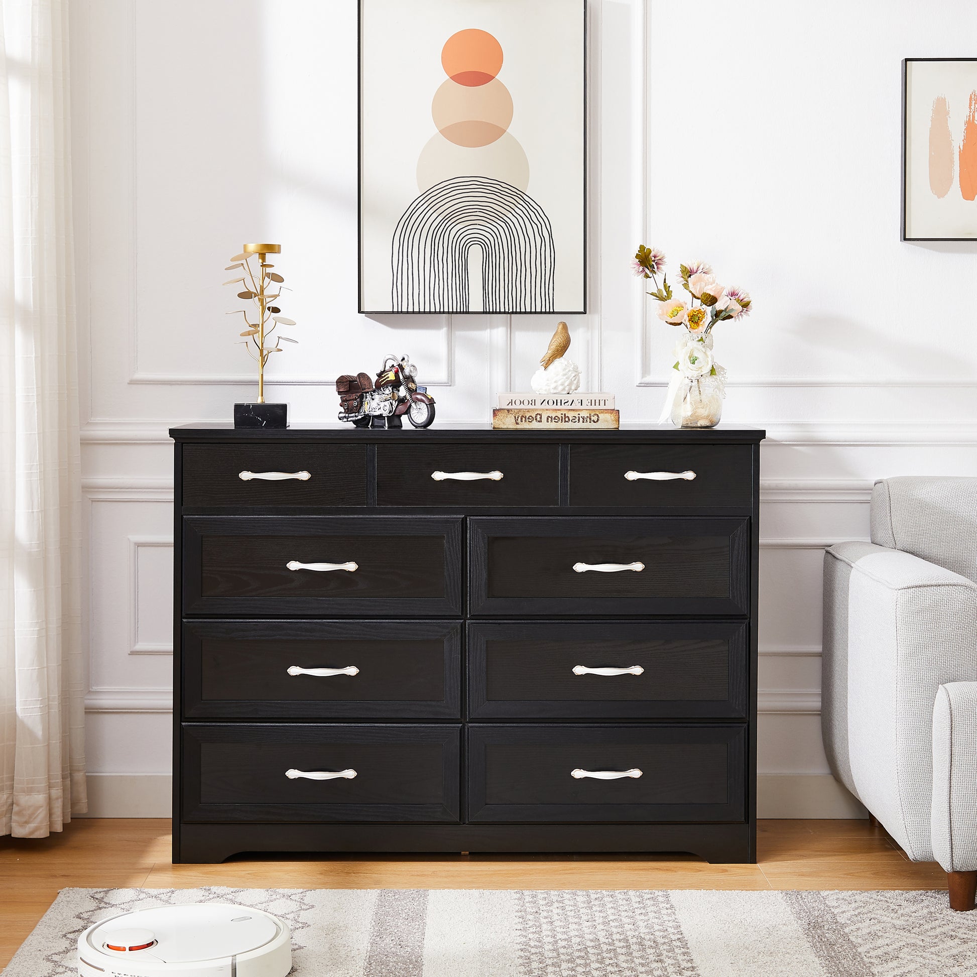 Bedroom Dresser, 9 Drawer Long Dresser With Antique Handles, Wood Chest Of Drawers For Kids Room, Living Room, Entry And Hallway, Black, 47.56''W X 15.75''D X 34.45''H. Black Particle Board