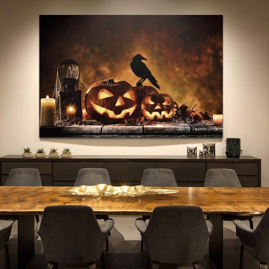 Drop Ping Framed Canvas Wall Art Decor Painting For Halloween, Jack O Lanterns Painting For Halloween Gift, Decoration For Halloween Living Room, Bedroom Decor Ready To Hang Wrapped Canvas Colorful Oversized 41In Painting Prints And Posters Art Deco