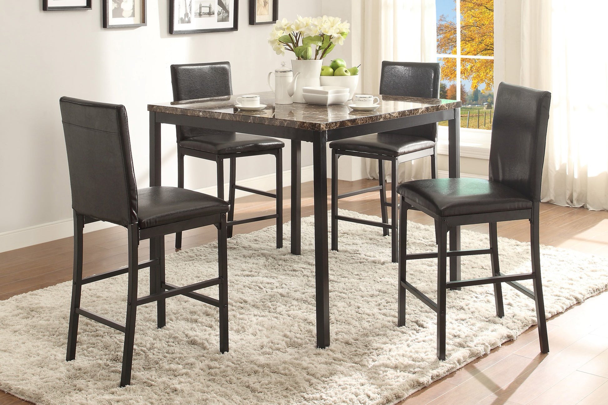 Black Metal Finish Counter Height Dining Set 5Pc Faux Marble Tabletop And 4X Counter Height Chairs Transitional Small Space Dining Room Furniture Black Seats 4 Dining Room Dining Table With Chair Metal