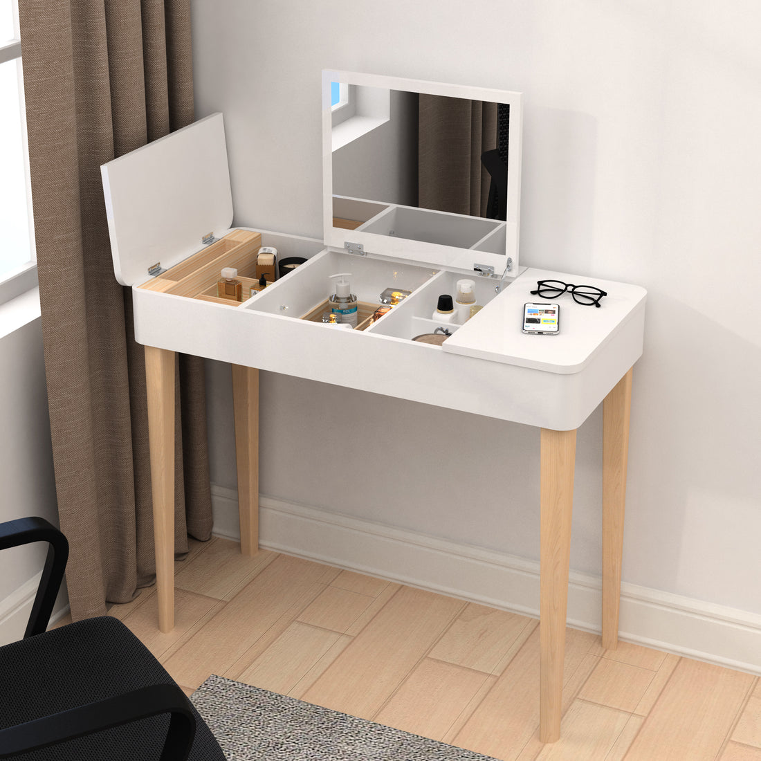 Vanity Table With Solid Wood Legs And Flip Up High Definition Mirror White Drawer 1 Drawer Pine White Solid Wood Mdf