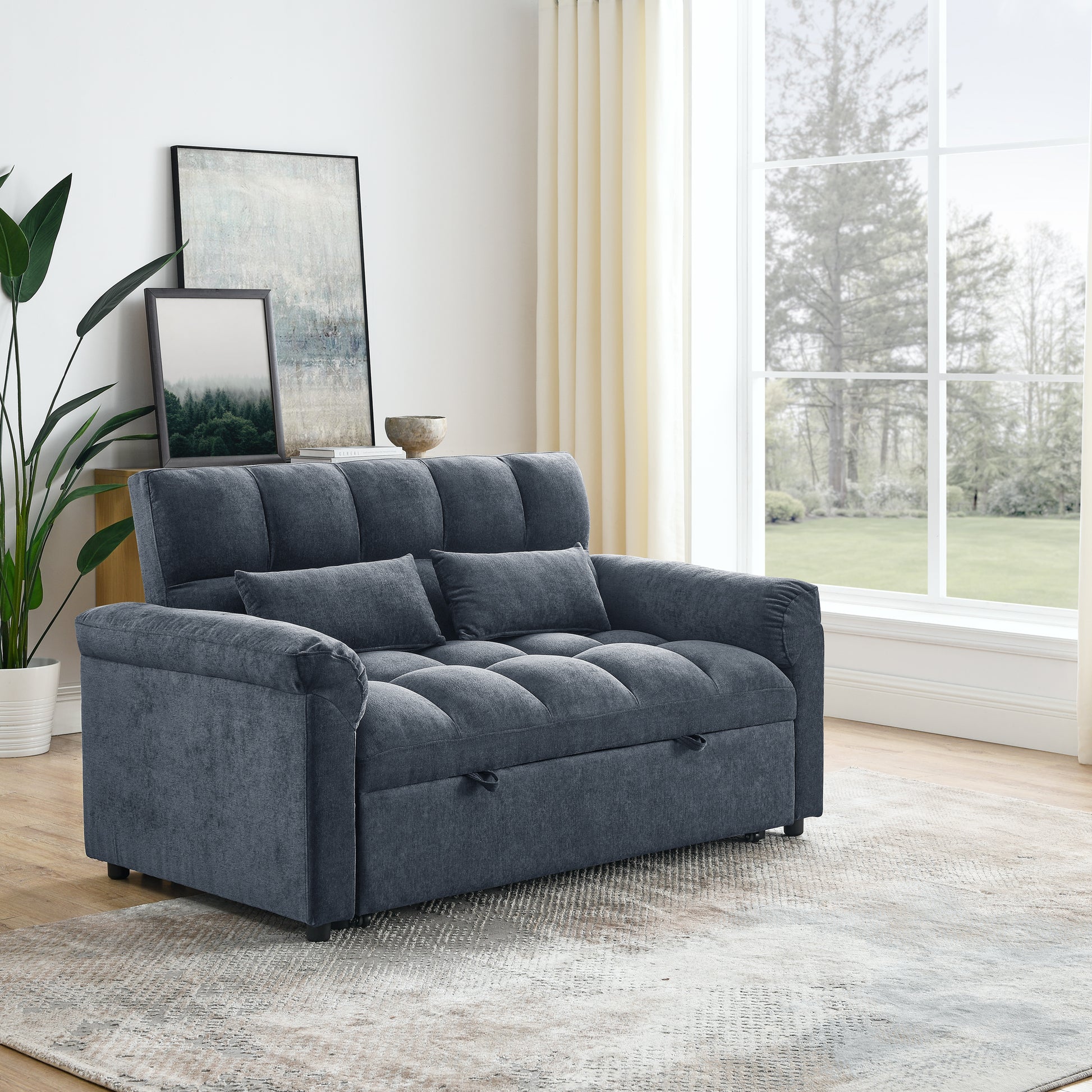 Loveseats Sofa Bed With Pull Out Bed,Adjsutable Back,Blue Grey Blue Grey Linen Wood Primary Living Space Medium Soft Tight Back Eucalyptus Pillow Top Arms Foam Linen 2 Seat