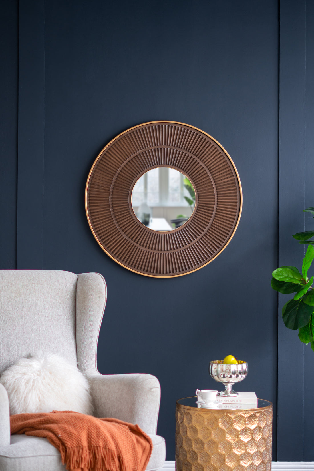 31.5X1X31.5" Round Carter Wooden Mirror With Gold Iron Frame Neutral Colorway Wall Decor For Live Space, Bathroom, Entryway Wall Decor Brown Mdf Glass