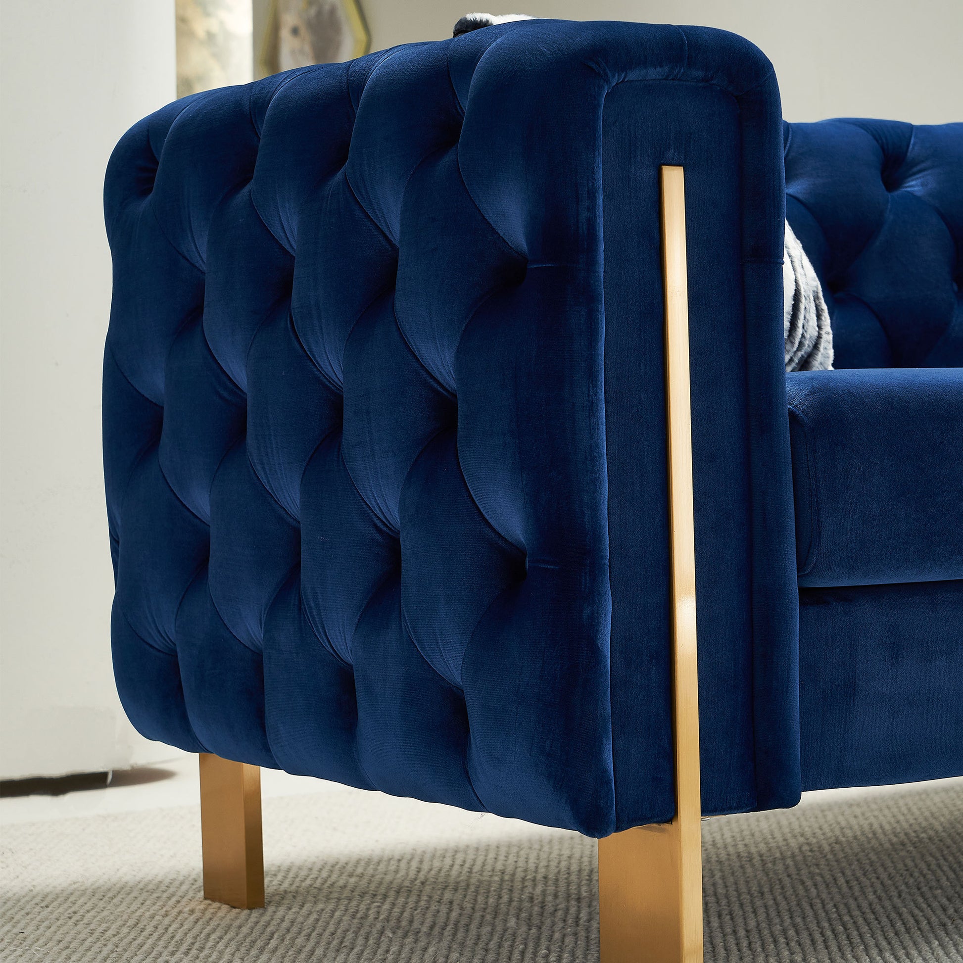 Chesterfield Modern Tufted Velvet Living Room Sofa, 84.25''W Couch,Blue Blue Velvet Wood Primary Living Space Tufted Back Modern Square Arms Foam Velvet 2 Seat