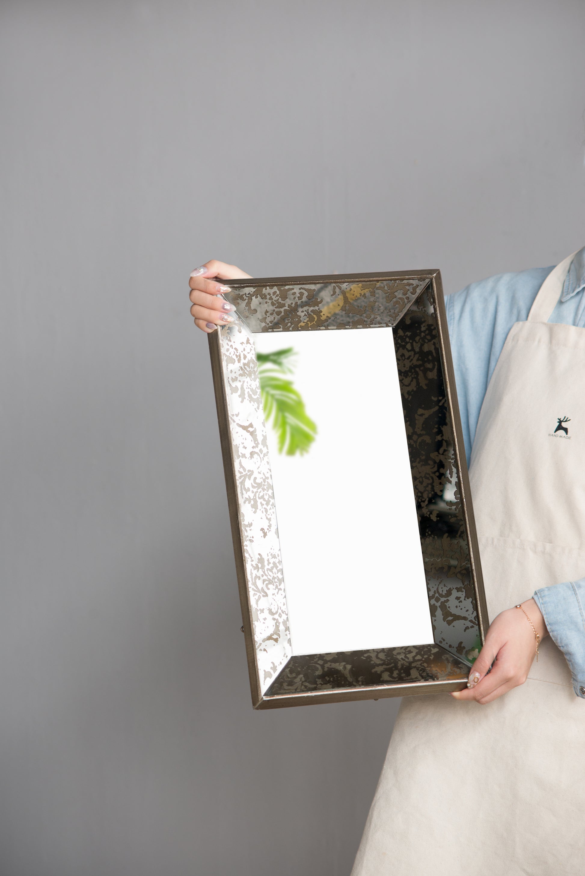 24" X 15" Antique Silver Rectangle Mirror With Floral Accents, Mirrored Display Tray, Hanging Wall Mirror Silver Mdf Glass